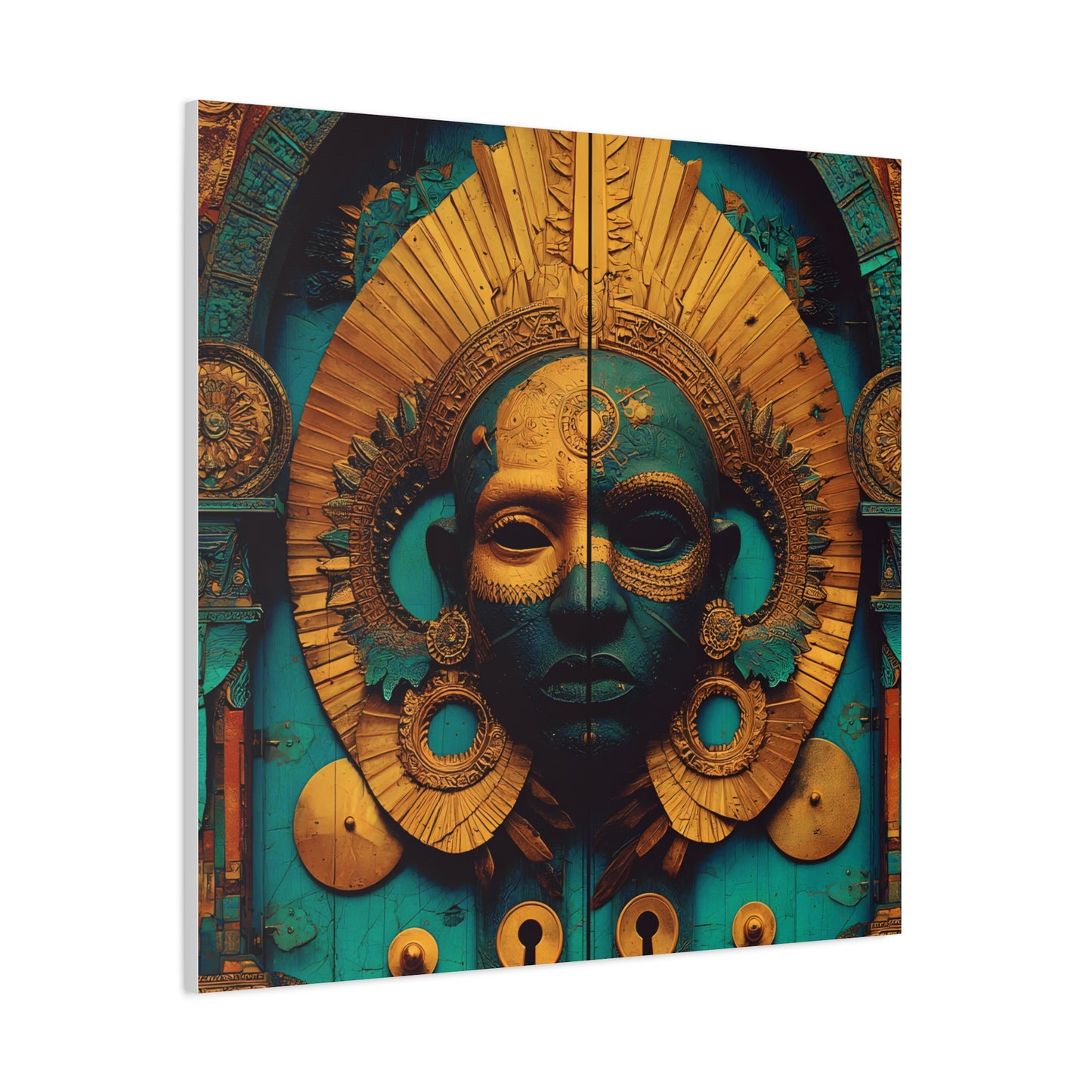 Gold & Teal Tribal Mask Matte Canvas Art — Stretched Wall Decor