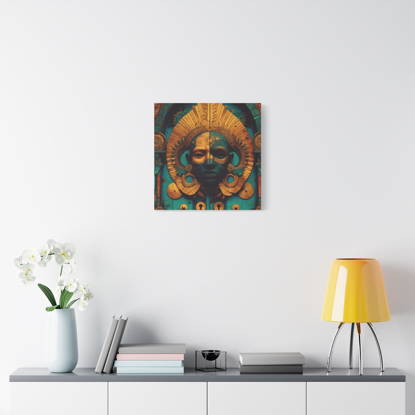 Gold & Teal Tribal Mask Matte Canvas Art — Stretched Wall Decor