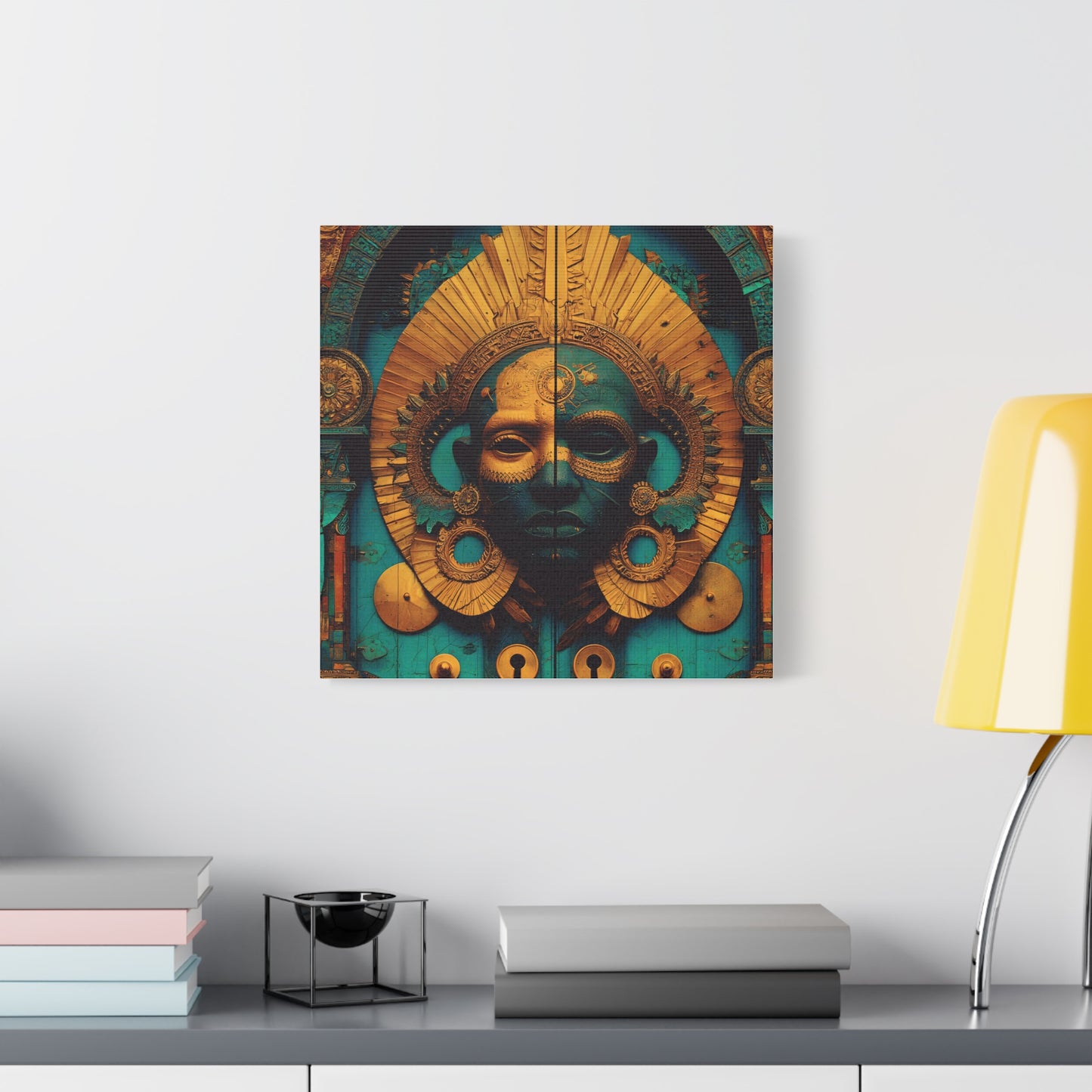 Gold & Teal Tribal Mask Matte Canvas Art — Stretched Wall Decor