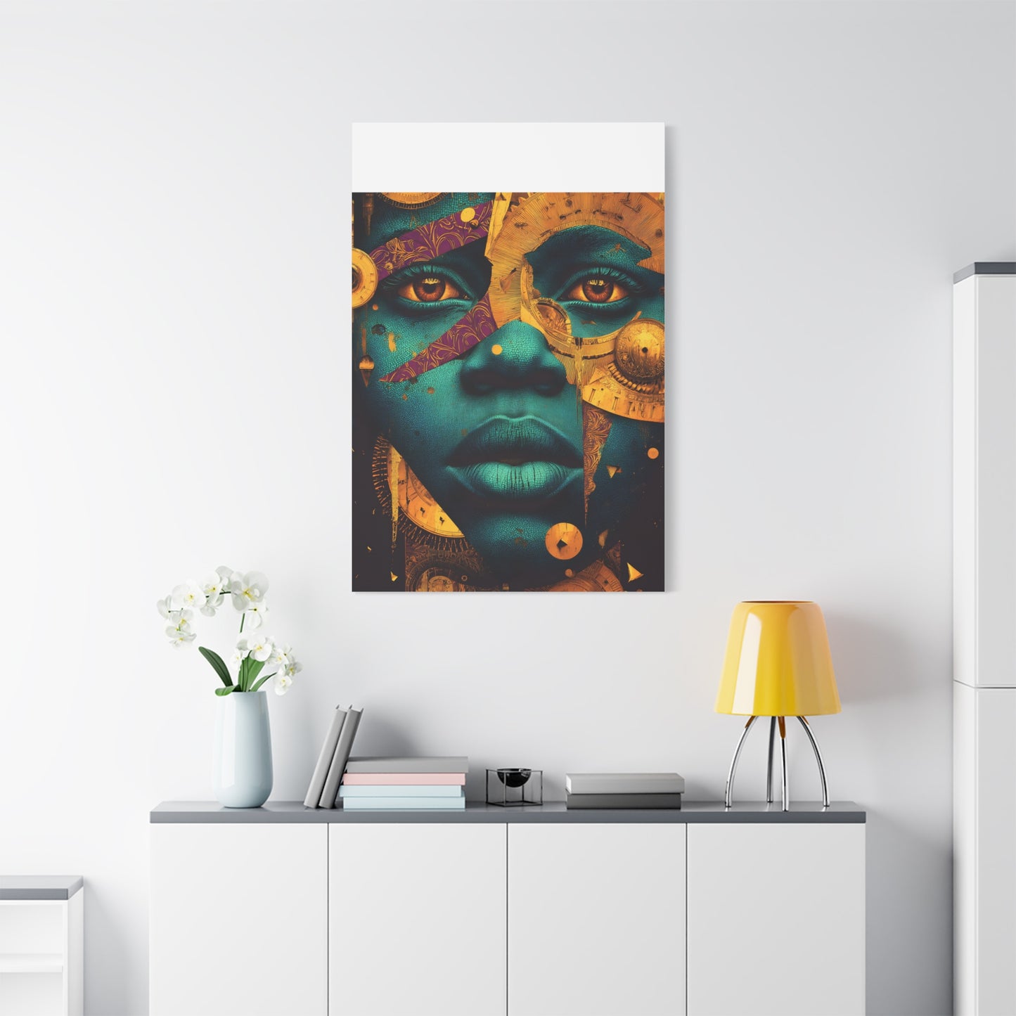 Afro-Futurist Portrait Matte Stretched Canvas — Teal & Gold Face Wall Art