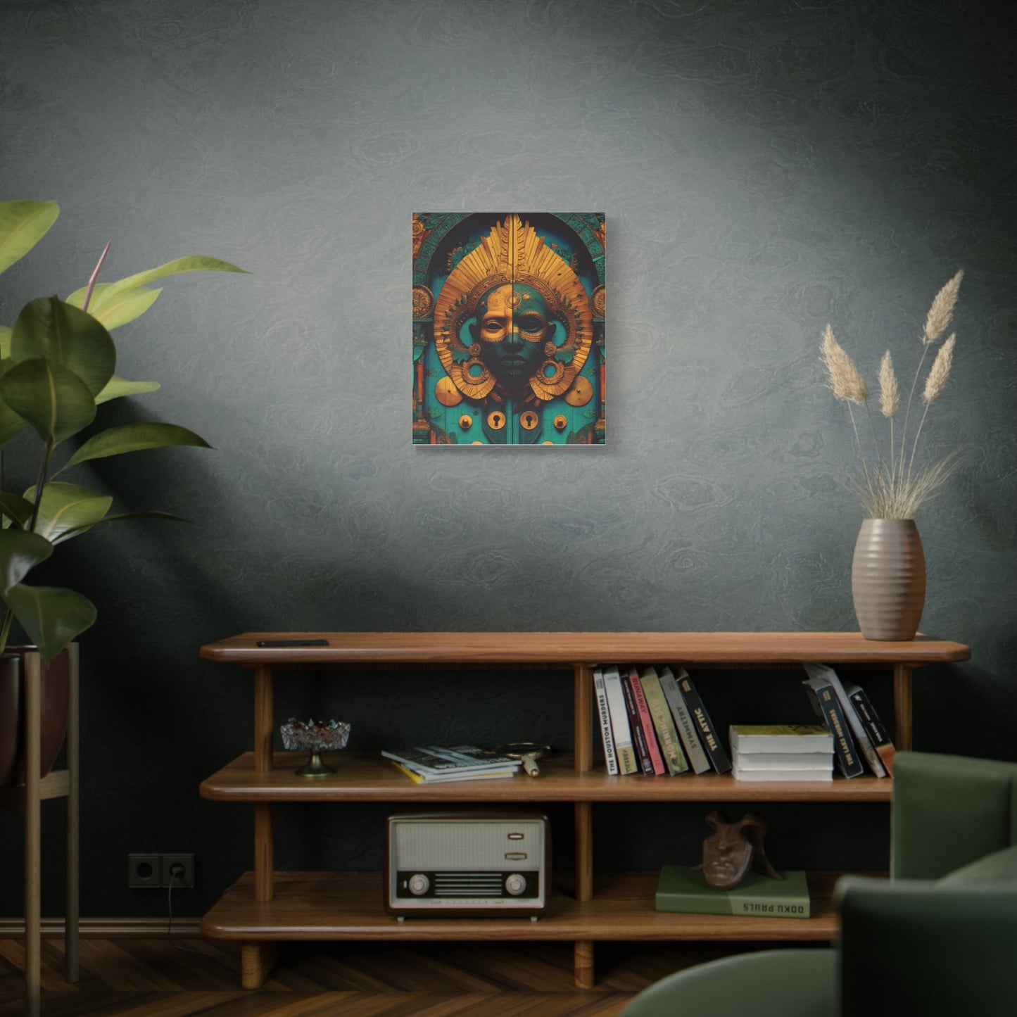 Gold & Teal Tribal Mask Matte Canvas Art — Stretched Wall Decor