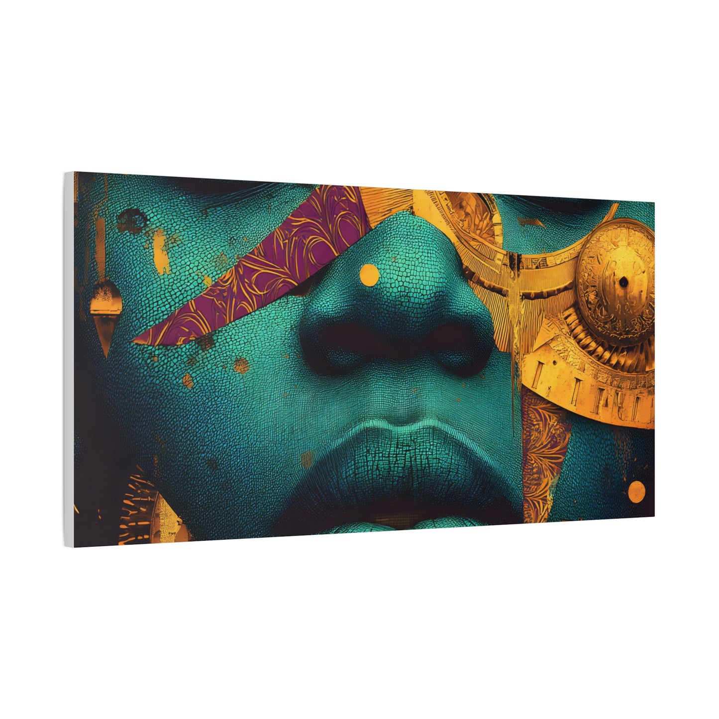 Afro-Futurist Portrait Matte Stretched Canvas — Teal & Gold Face Wall Art