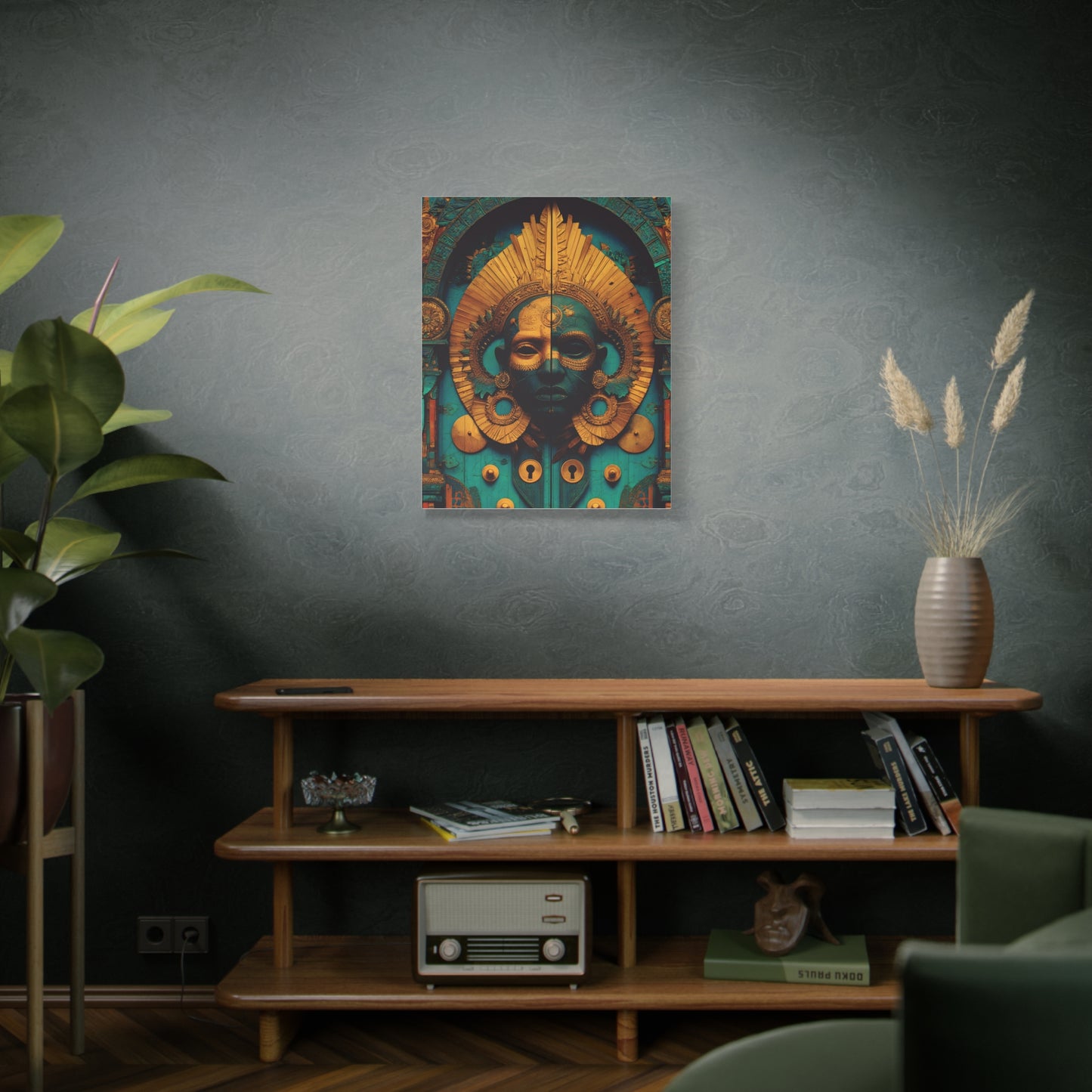 Gold & Teal Tribal Mask Matte Canvas Art — Stretched Wall Decor