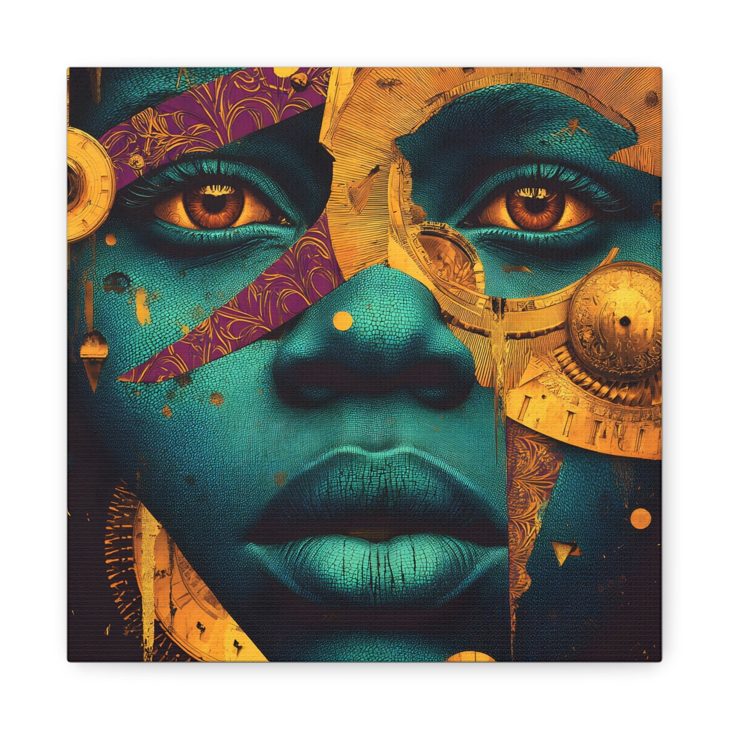 Afro-Futurist Portrait Matte Stretched Canvas — Teal & Gold Face Wall Art
