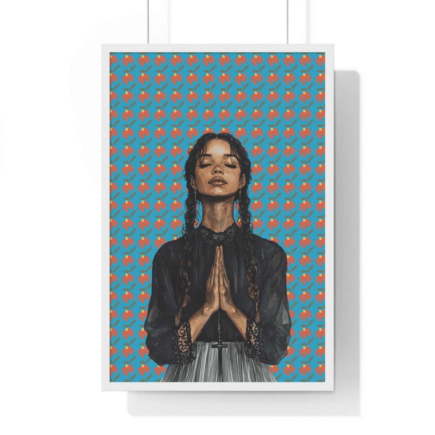 Serene Prayer Vertical Framed Poster, Meditation Art Print, Bohemian Wall Decor, Inspirational Home Decor, Gift for Her