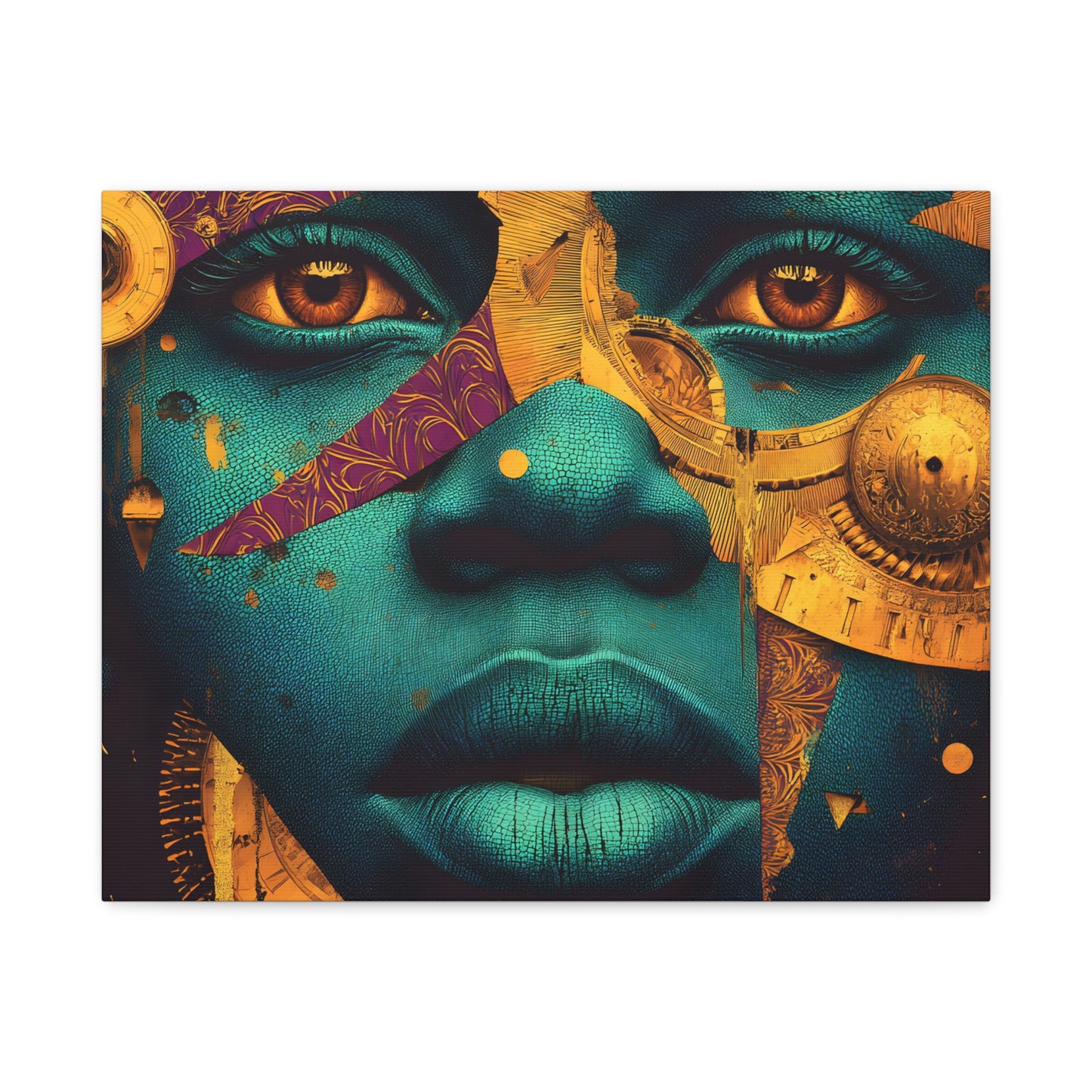 Afro-Futurist Portrait Matte Stretched Canvas — Teal & Gold Face Wall Art