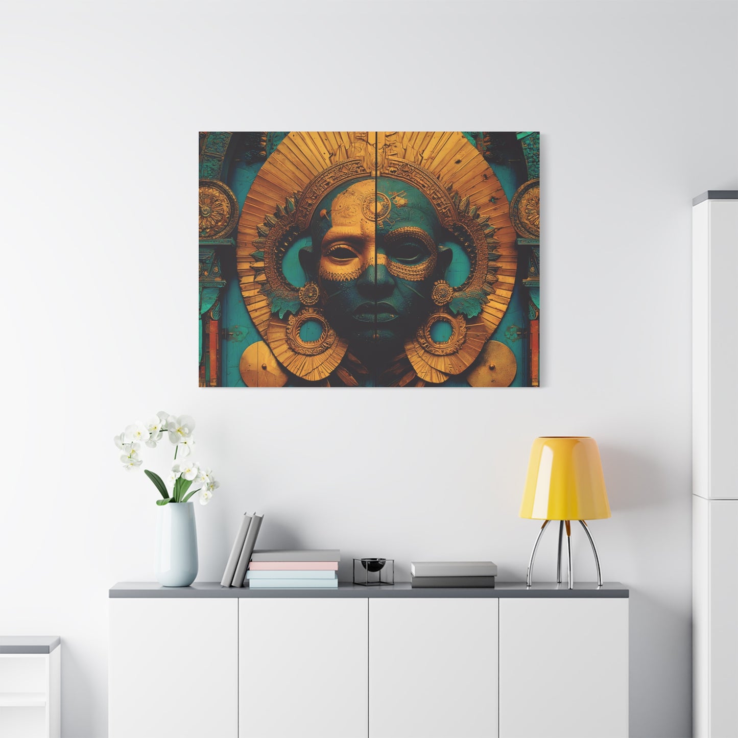 Gold & Teal Tribal Mask Matte Canvas Art — Stretched Wall Decor