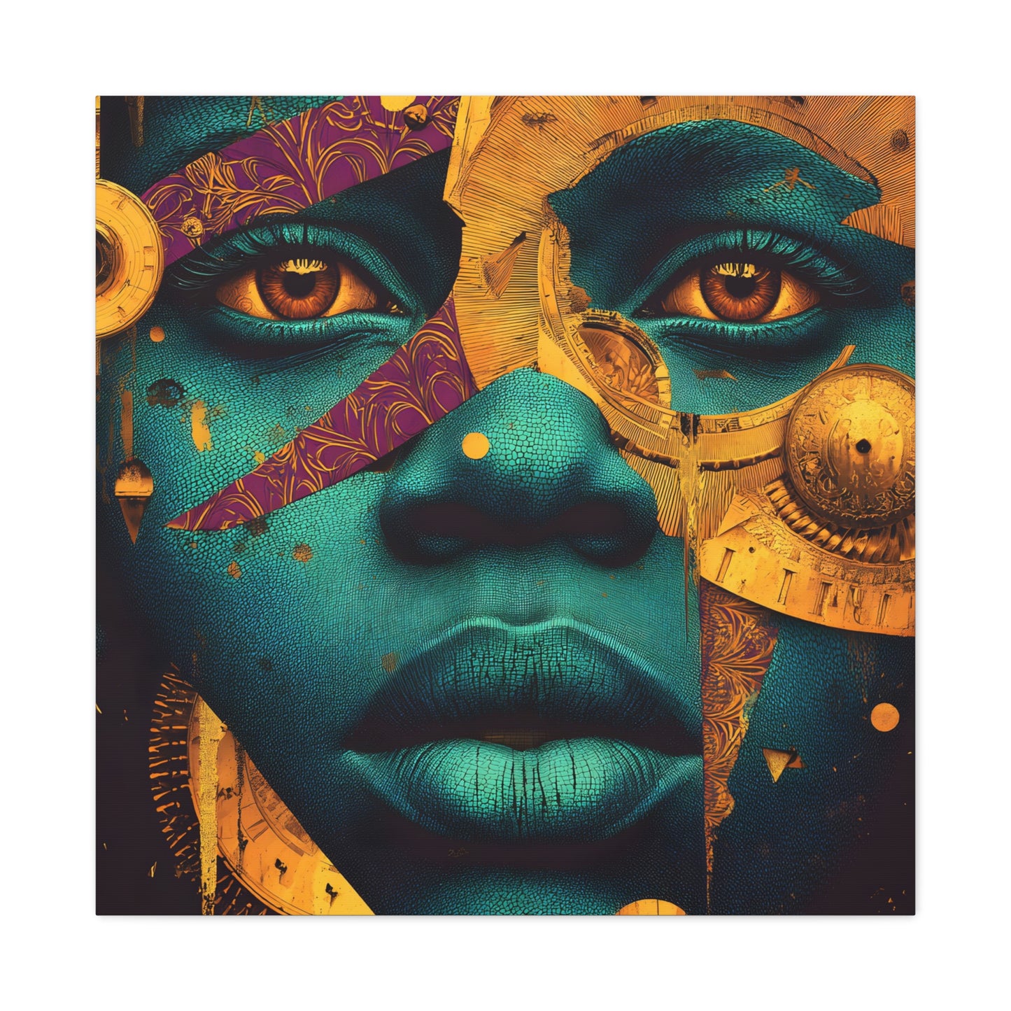 Afro-Futurist Portrait Matte Stretched Canvas — Teal & Gold Face Wall Art