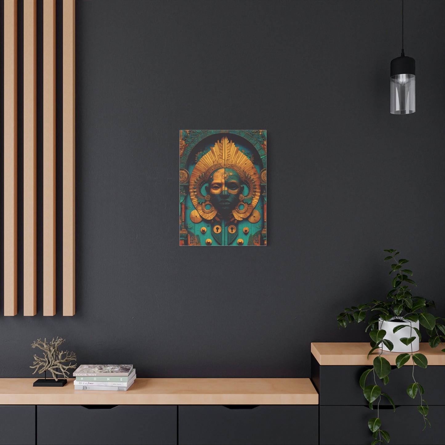 Gold & Teal Tribal Mask Matte Canvas Art — Stretched Wall Decor