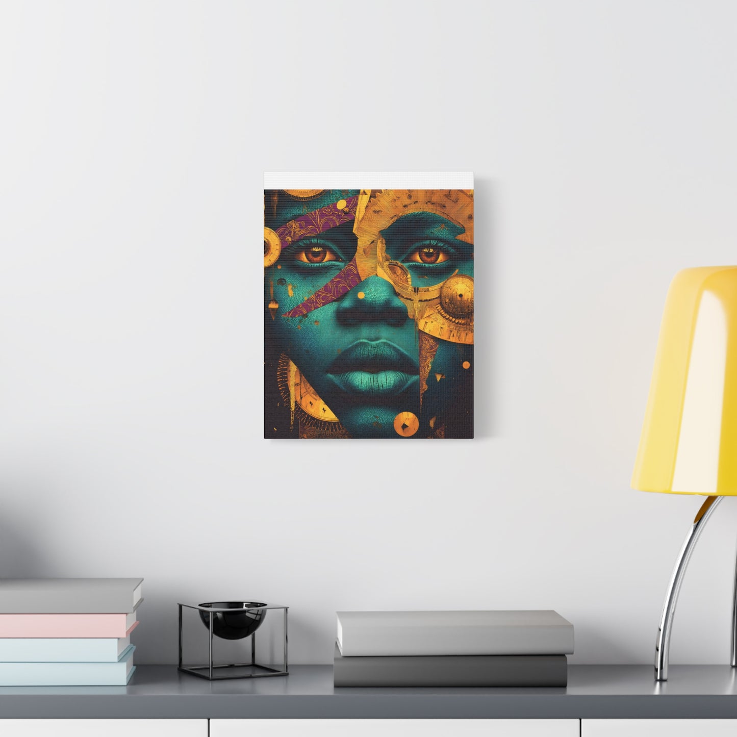 Afro-Futurist Portrait Matte Stretched Canvas — Teal & Gold Face Wall Art