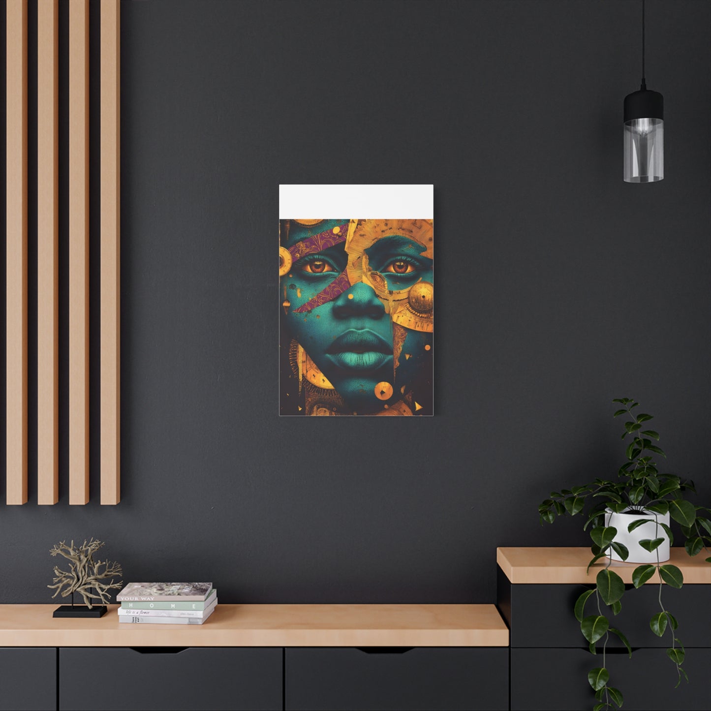 Afro-Futurist Portrait Matte Stretched Canvas — Teal & Gold Face Wall Art