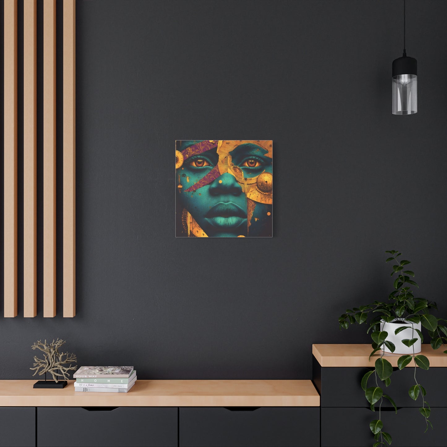 Afro-Futurist Portrait Matte Stretched Canvas — Teal & Gold Face Wall Art