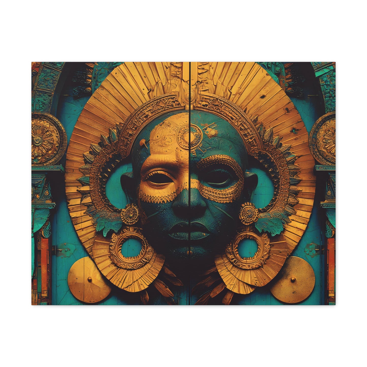 Gold & Teal Tribal Mask Matte Canvas Art — Stretched Wall Decor