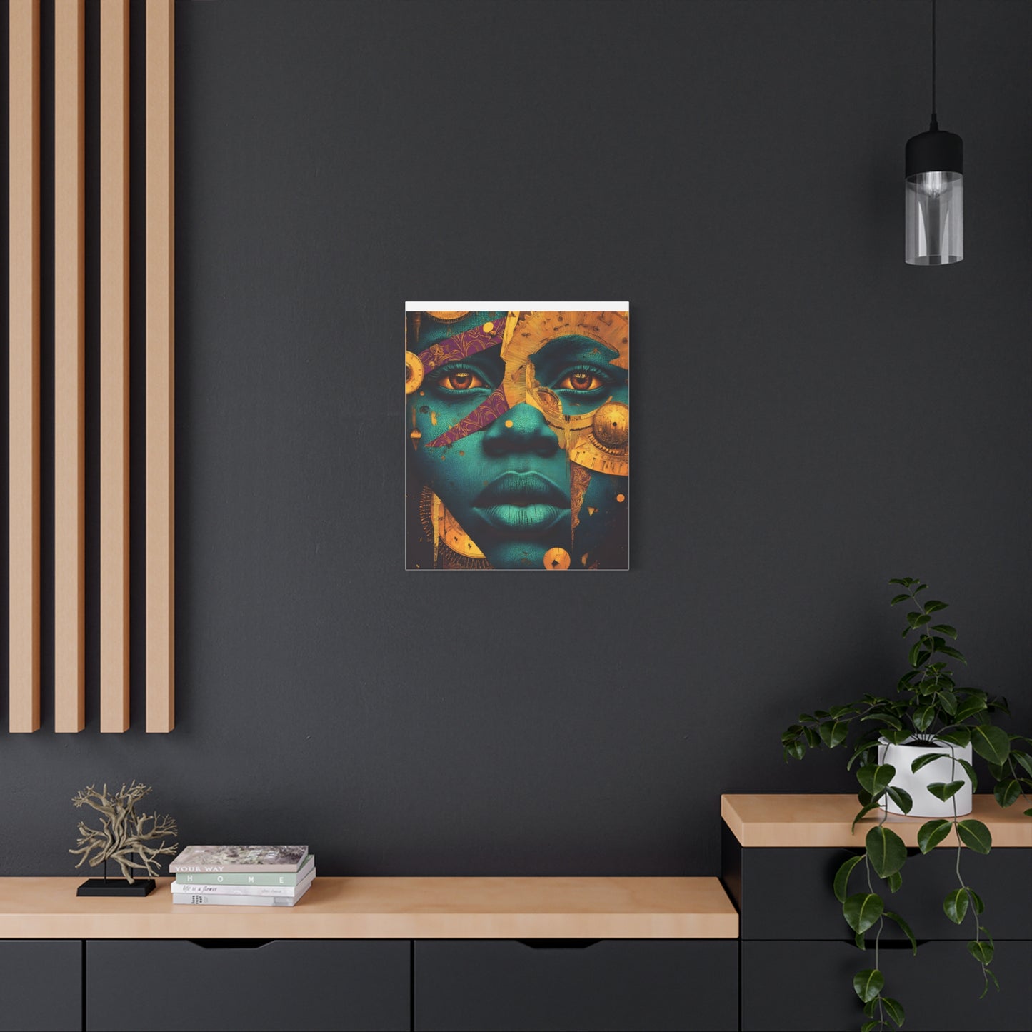 Afro-Futurist Portrait Matte Stretched Canvas — Teal & Gold Face Wall Art