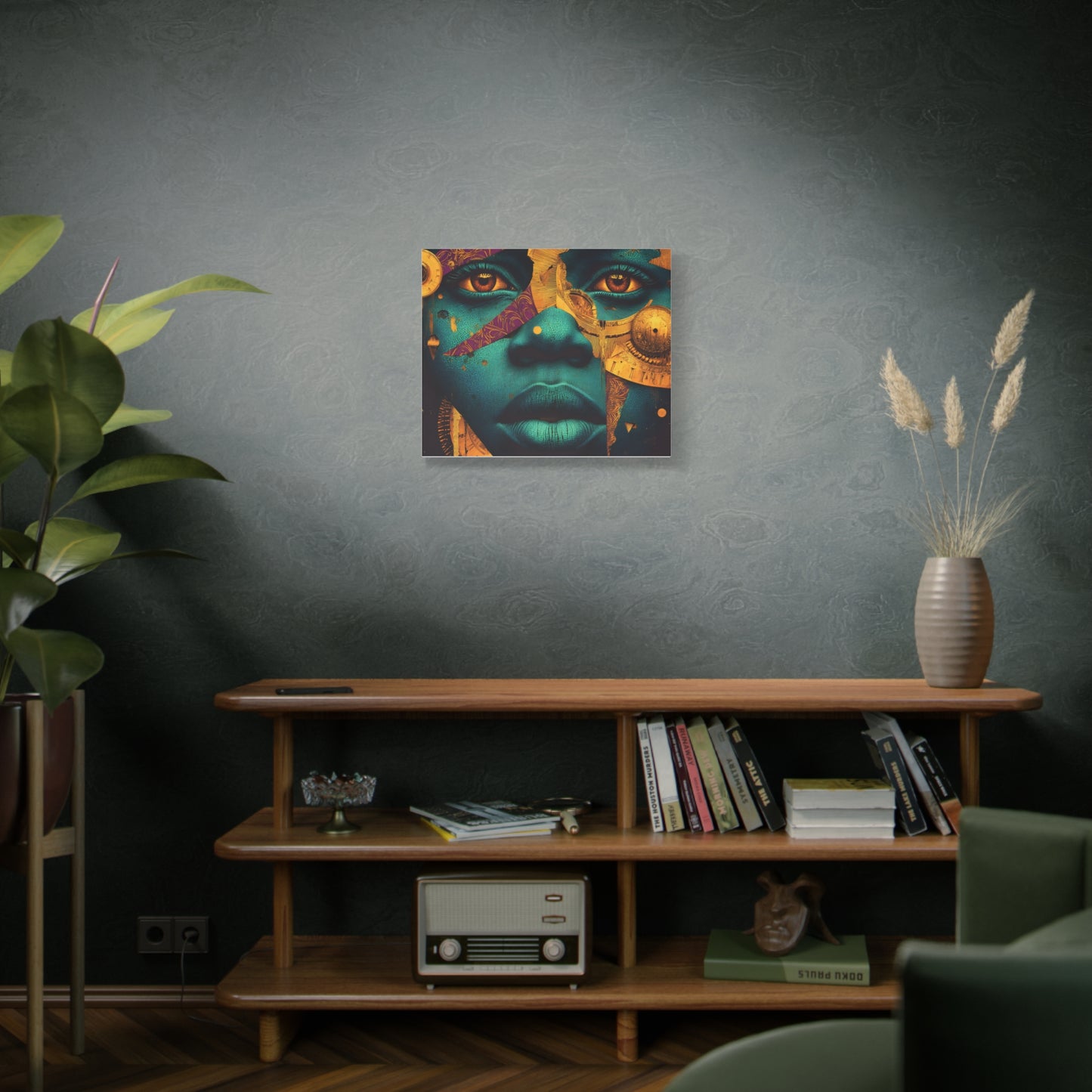Afro-Futurist Portrait Matte Stretched Canvas — Teal & Gold Face Wall Art