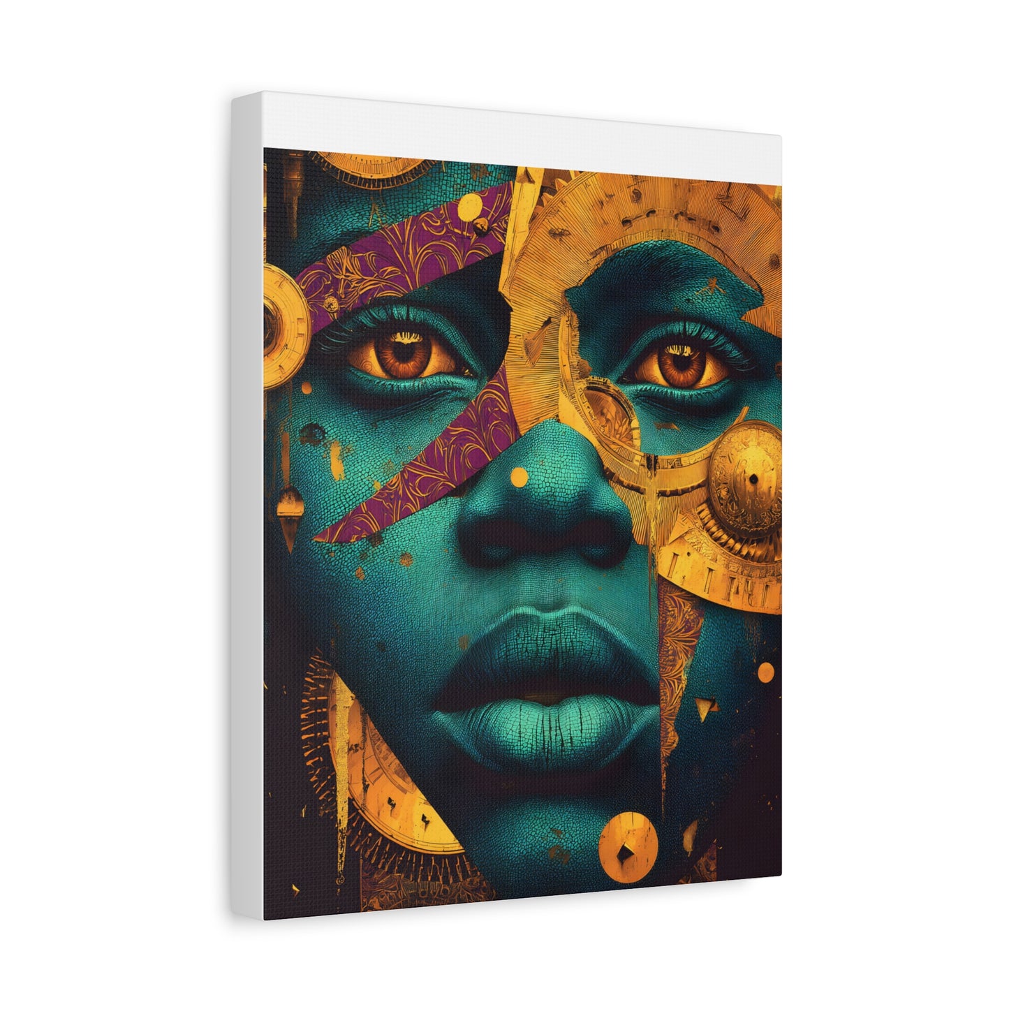Afro-Futurist Portrait Matte Stretched Canvas — Teal & Gold Face Wall Art