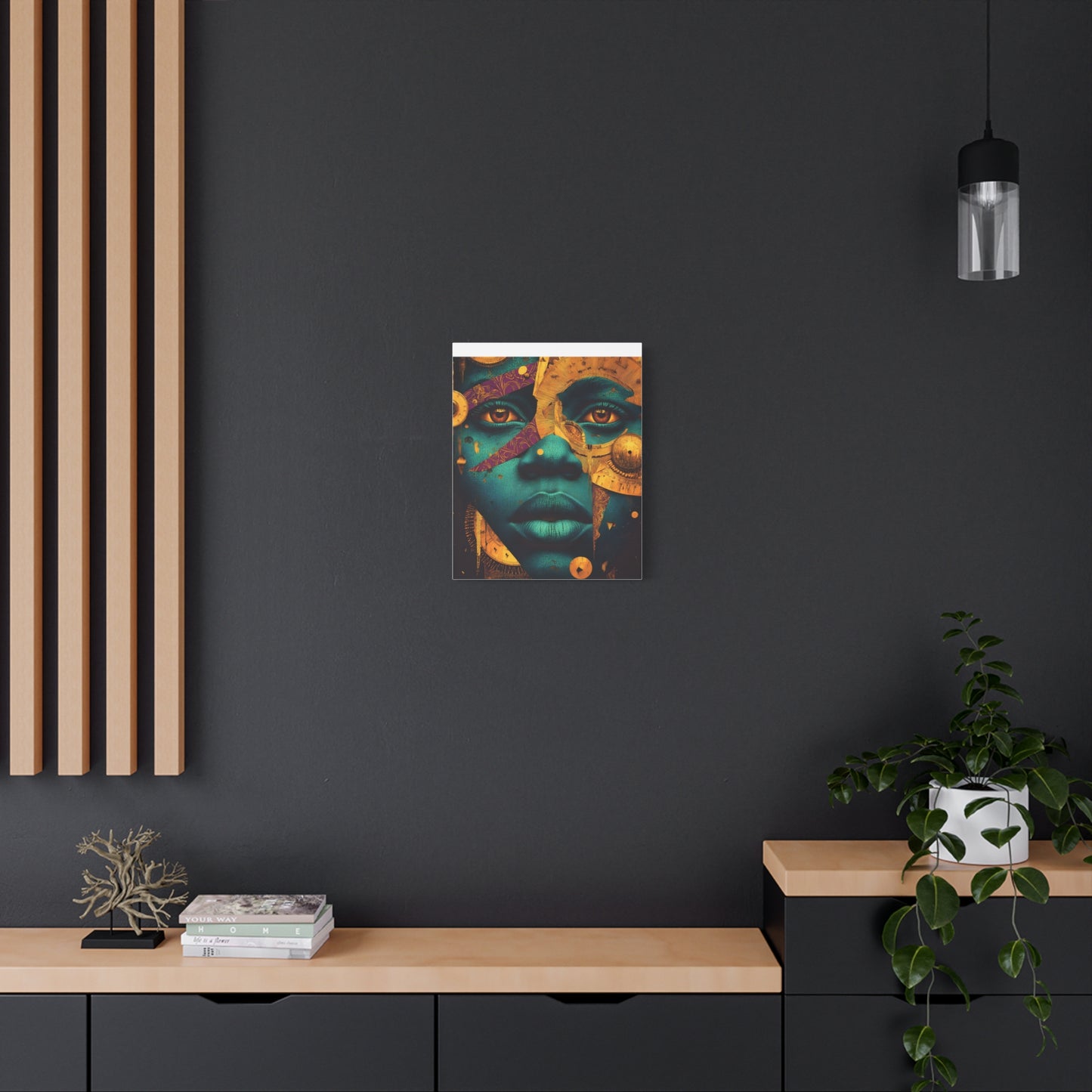 Afro-Futurist Portrait Matte Stretched Canvas — Teal & Gold Face Wall Art