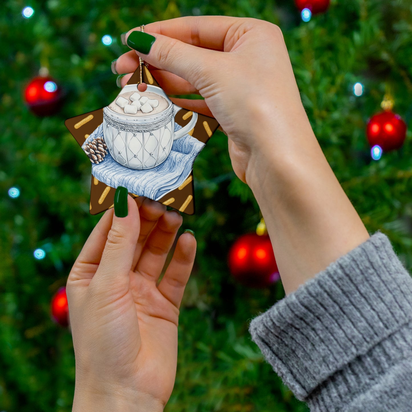 Holiday Ceramic Ornament, Hot Cocoa Star Decoration, Winter Home Decor, Gift for Christmas, Festive Tree Ornament, Winter Wonderland