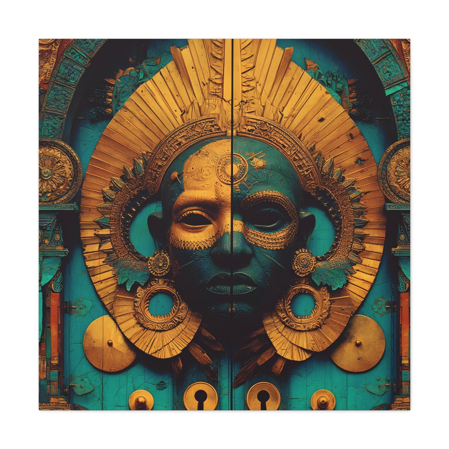 Gold & Teal Tribal Mask Matte Canvas Art — Stretched Wall Decor