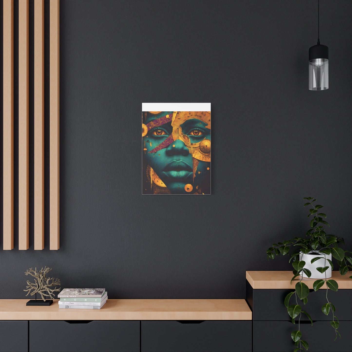 Afro-Futurist Portrait Matte Stretched Canvas — Teal & Gold Face Wall Art