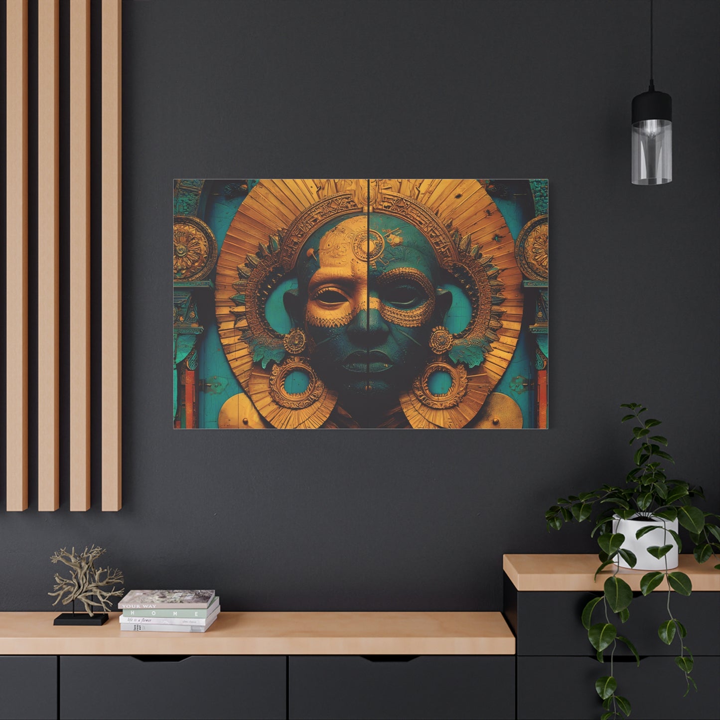 Gold & Teal Tribal Mask Matte Canvas Art — Stretched Wall Decor