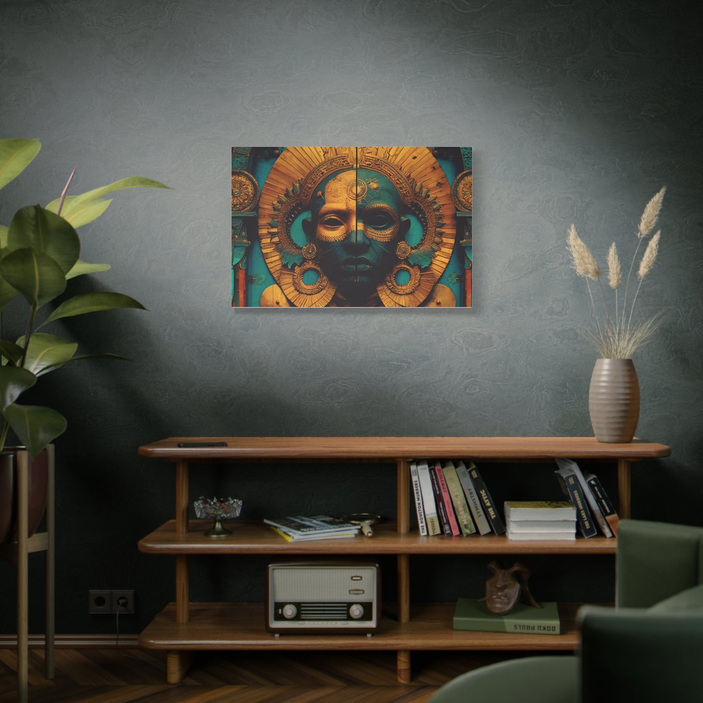 Gold & Teal Tribal Mask Matte Canvas Art — Stretched Wall Decor