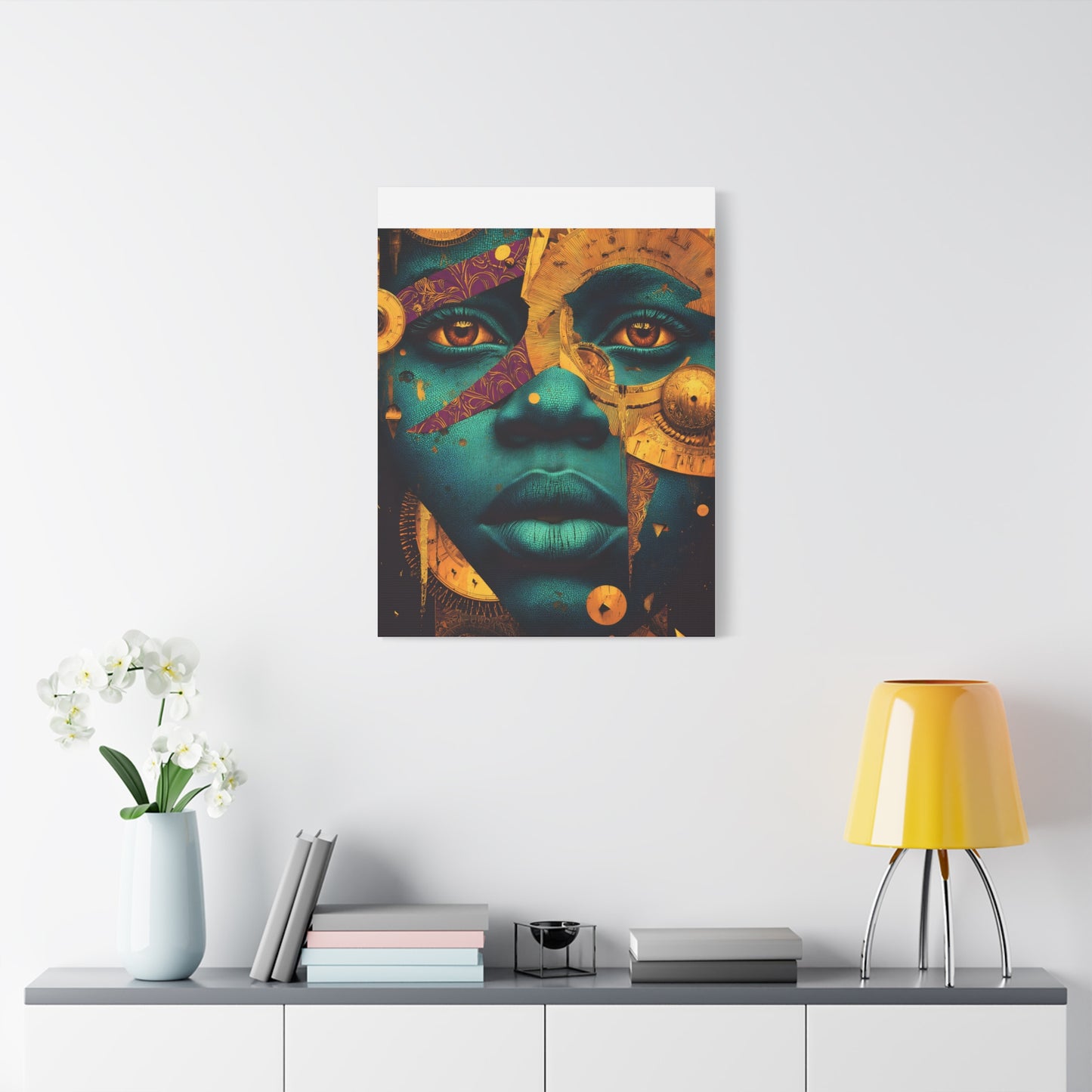 Afro-Futurist Portrait Matte Stretched Canvas — Teal & Gold Face Wall Art