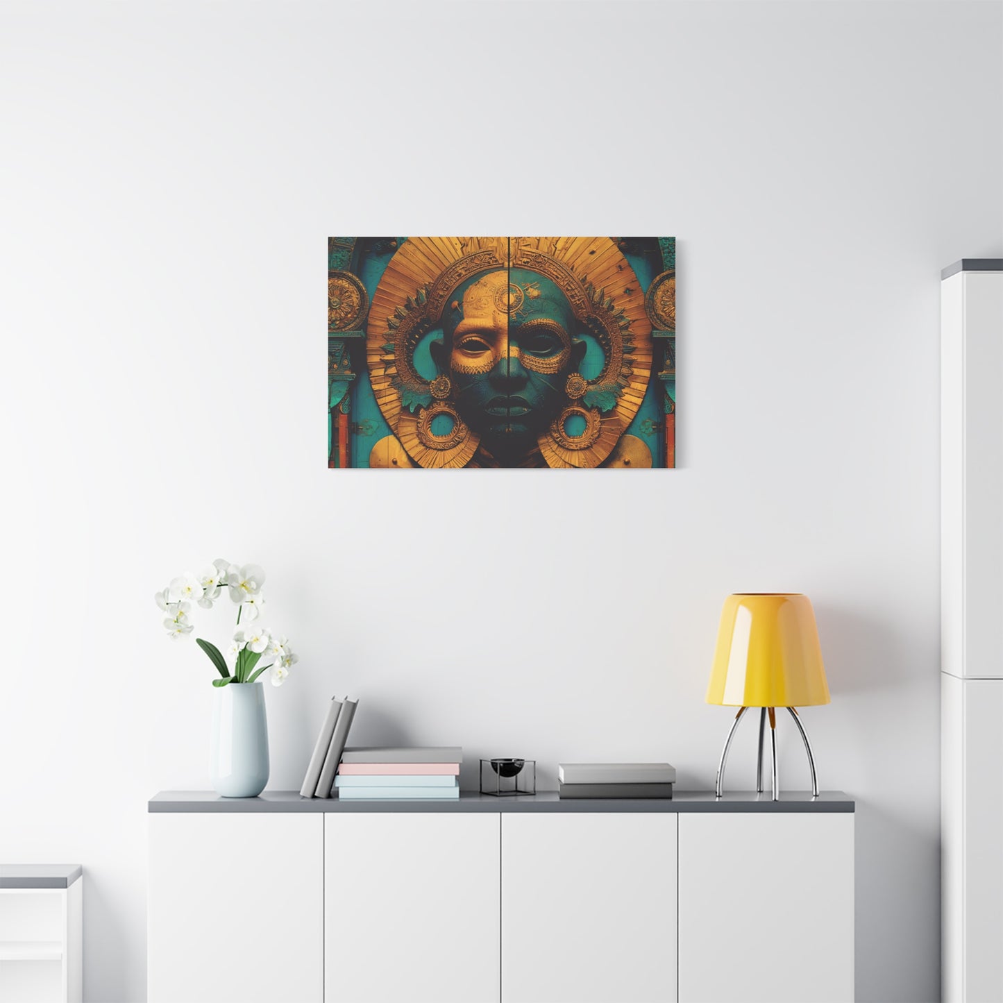 Gold & Teal Tribal Mask Matte Canvas Art — Stretched Wall Decor