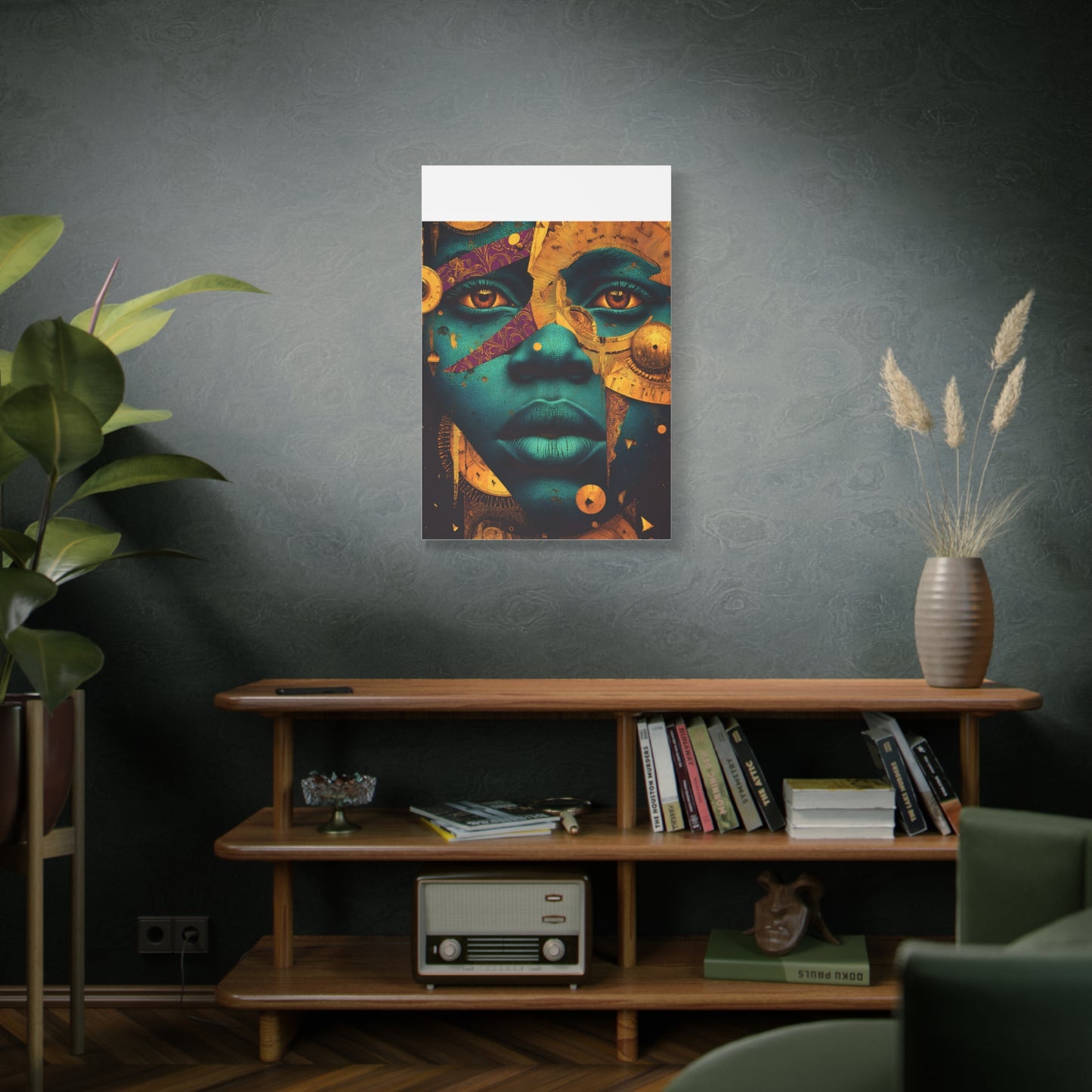 Afro-Futurist Portrait Matte Stretched Canvas — Teal & Gold Face Wall Art