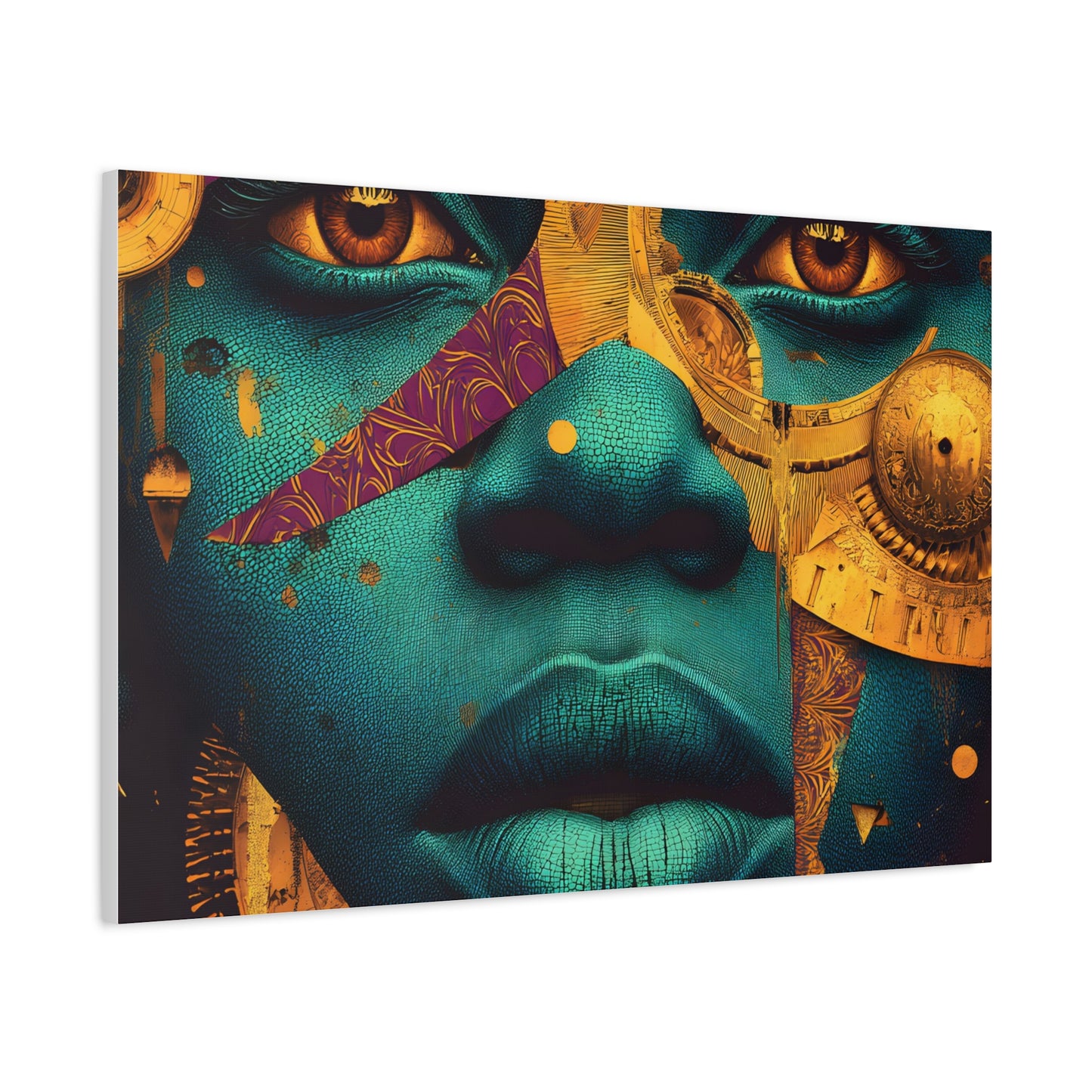 Afro-Futurist Portrait Matte Stretched Canvas — Teal & Gold Face Wall Art