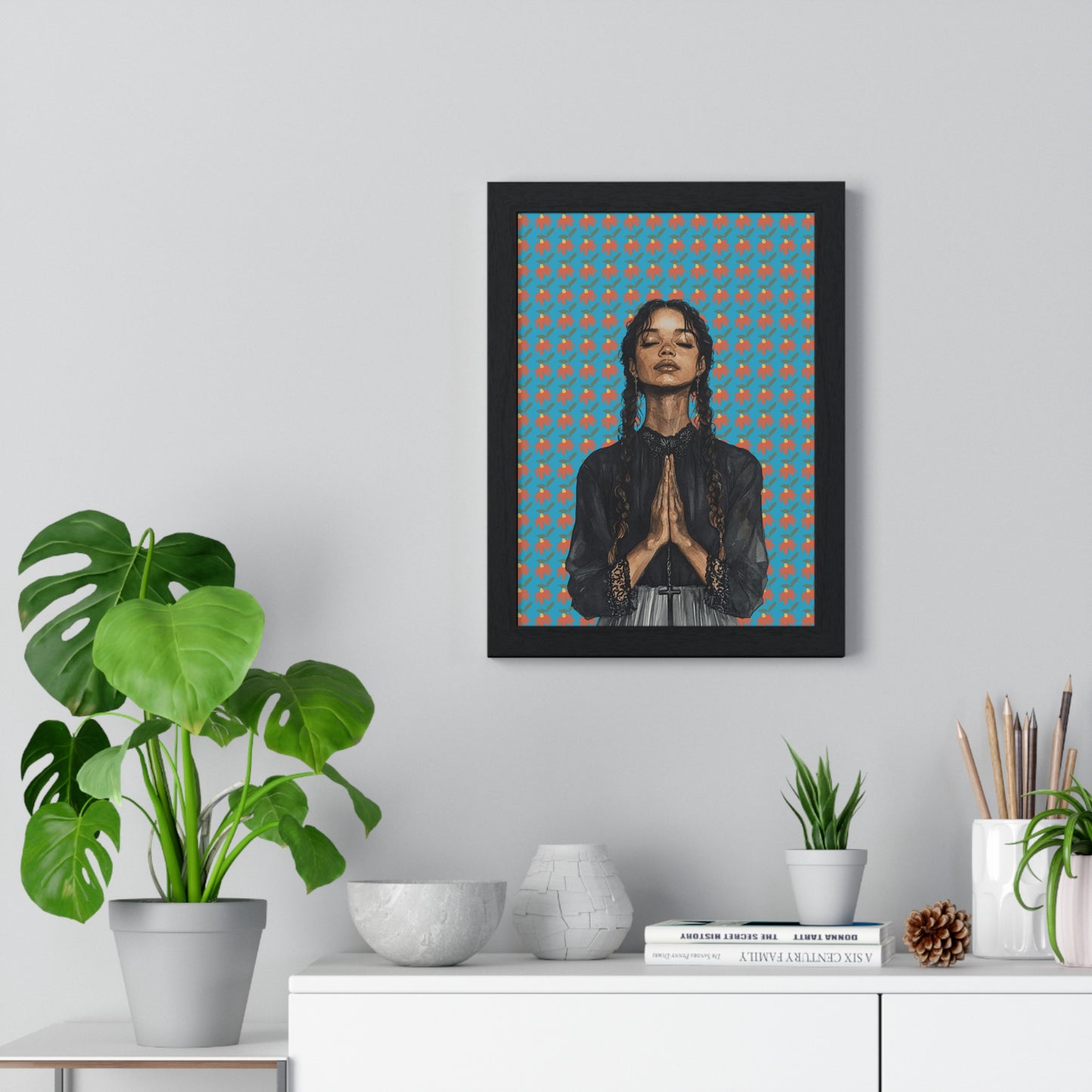 Serene Prayer Vertical Framed Poster, Meditation Art Print, Bohemian Wall Decor, Inspirational Home Decor, Gift for Her
