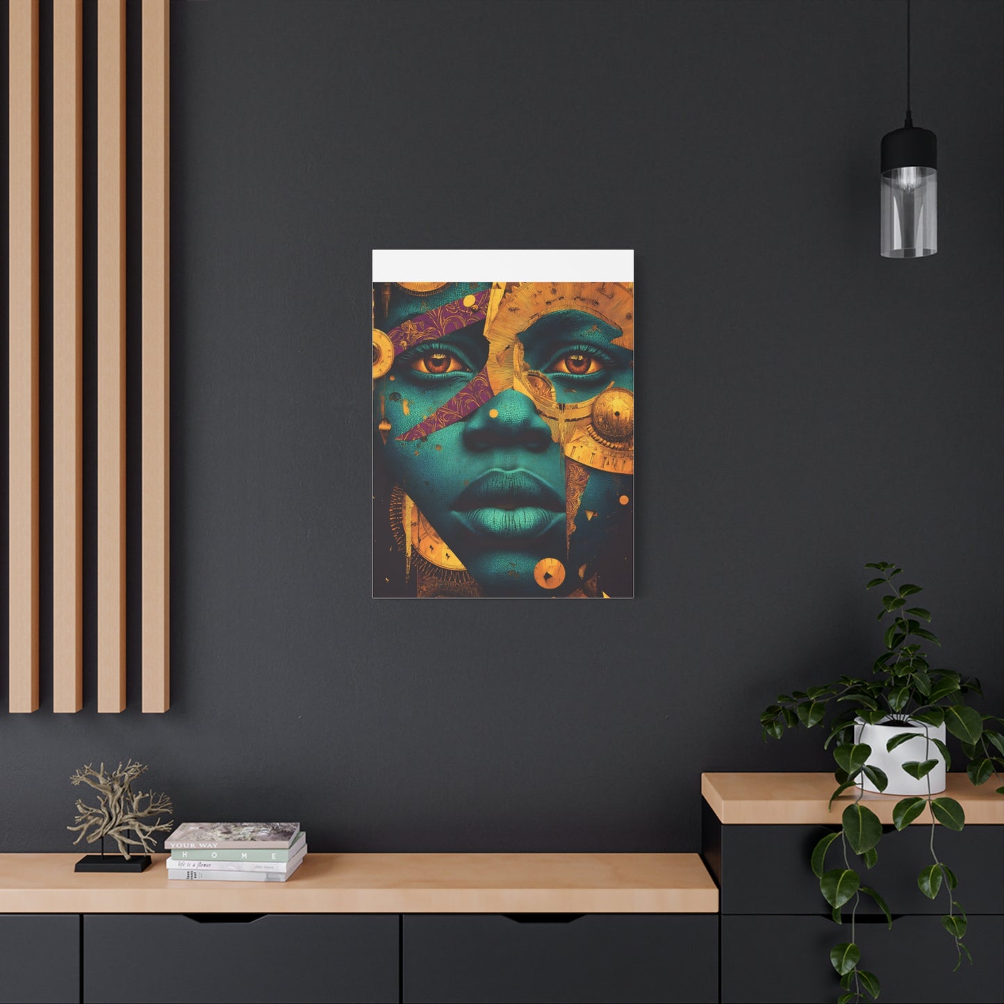 Afro-Futurist Portrait Matte Stretched Canvas — Teal & Gold Face Wall Art