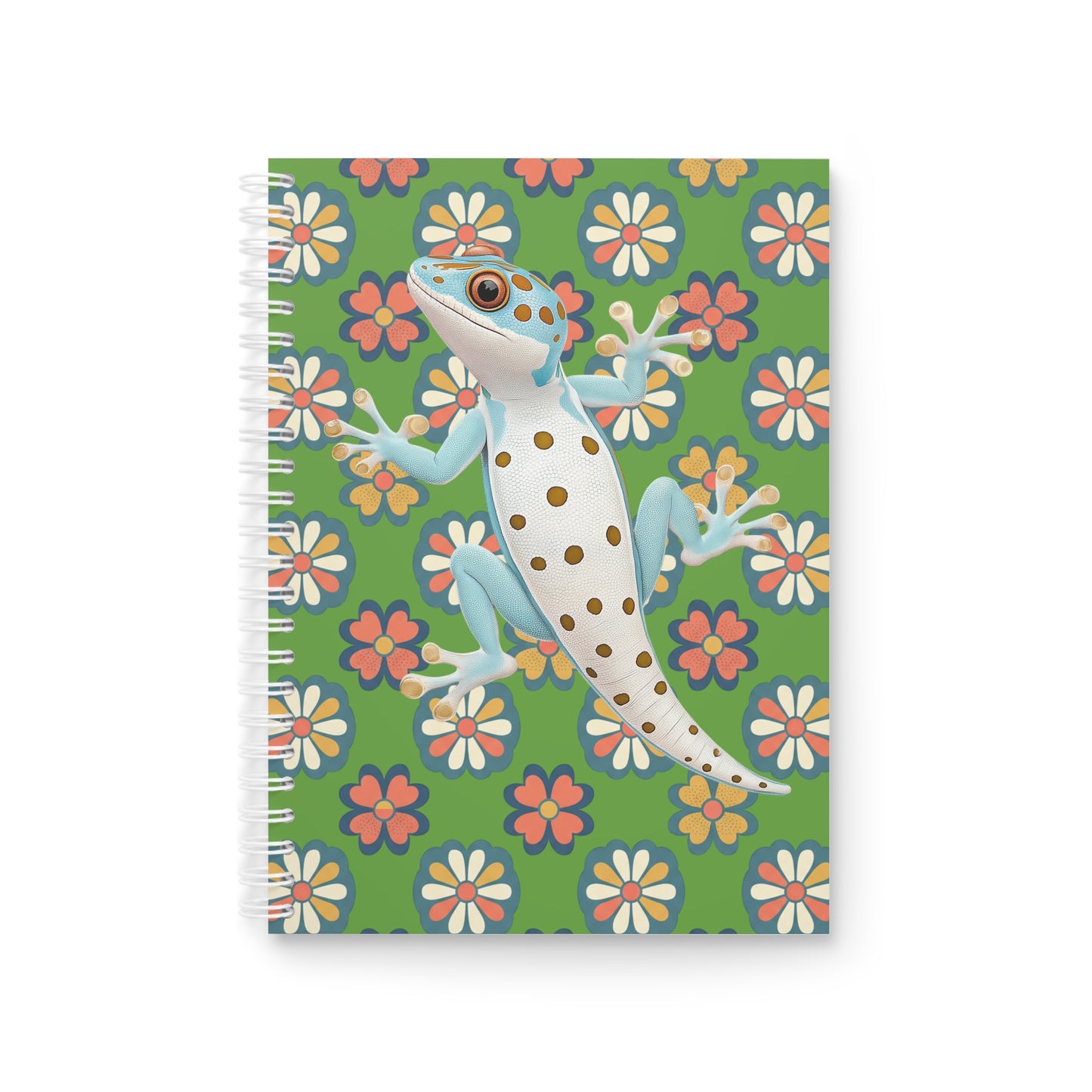 Gecko Floral Spiral Notebook — Cute Blue Gecko on Retro Daisy Pattern