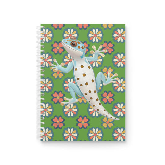 Gecko Floral Spiral Notebook — Cute Blue Gecko on Retro Daisy Pattern