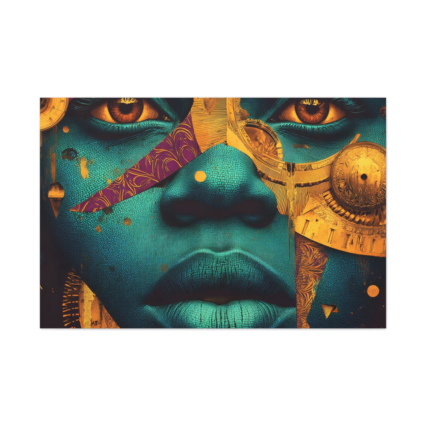 Afro-Futurist Portrait Matte Stretched Canvas — Teal & Gold Face Wall Art