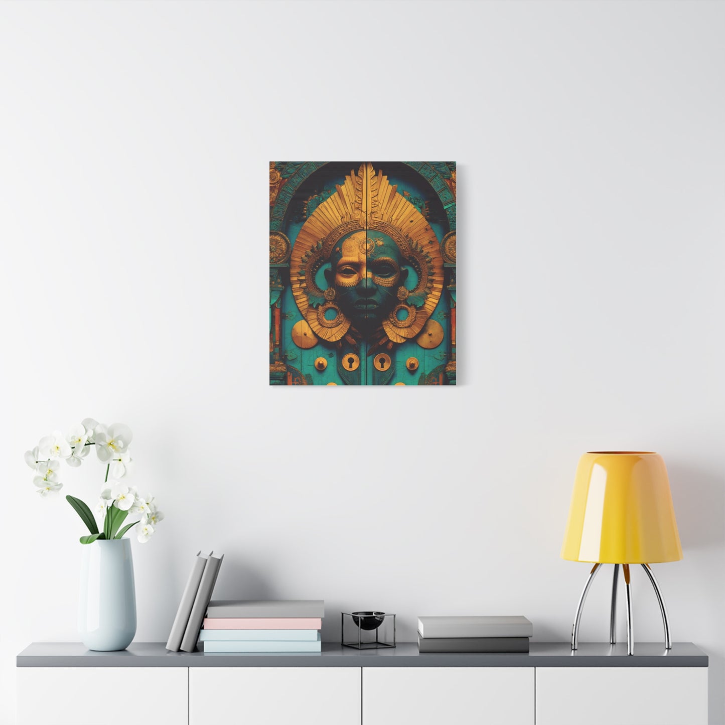 Gold & Teal Tribal Mask Matte Canvas Art — Stretched Wall Decor