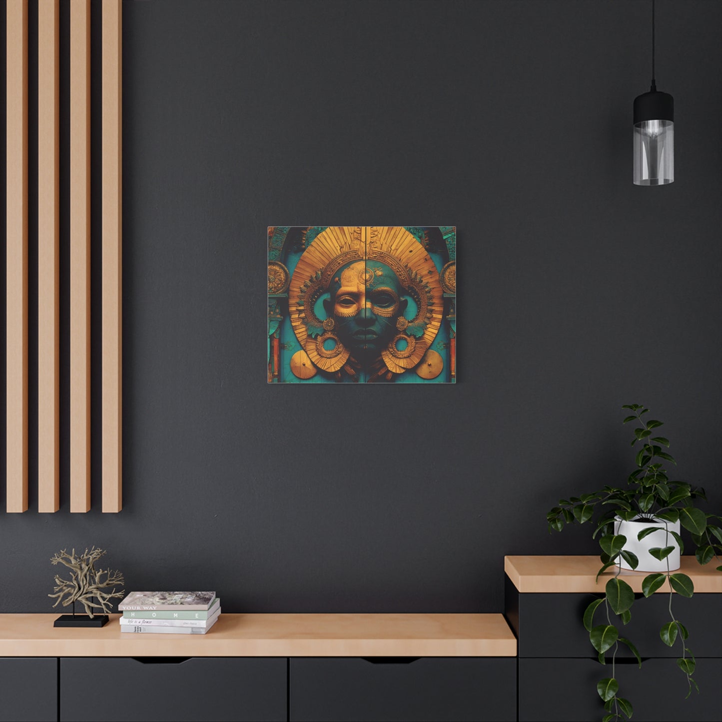 Gold & Teal Tribal Mask Matte Canvas Art — Stretched Wall Decor