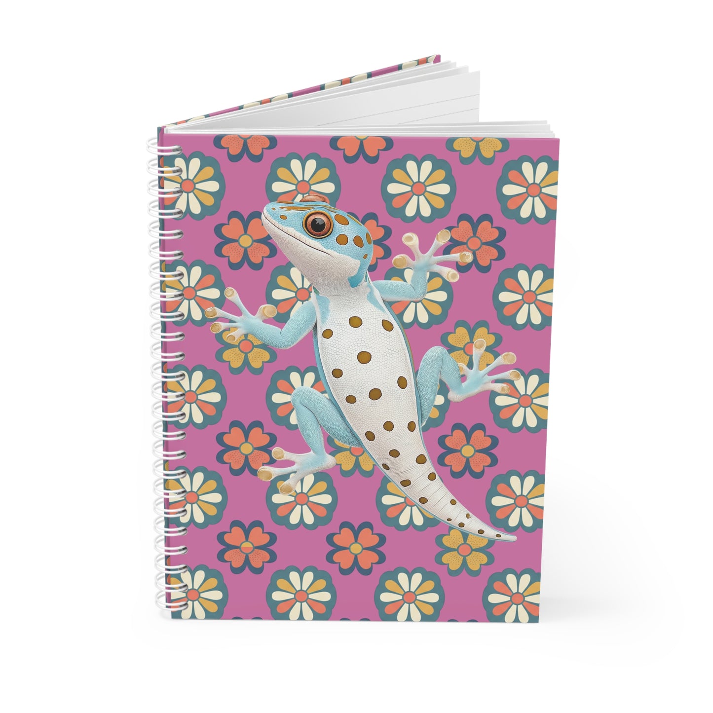 Gecko Floral Spiral Notebook — Cute Blue Gecko on Retro Daisy Pattern
