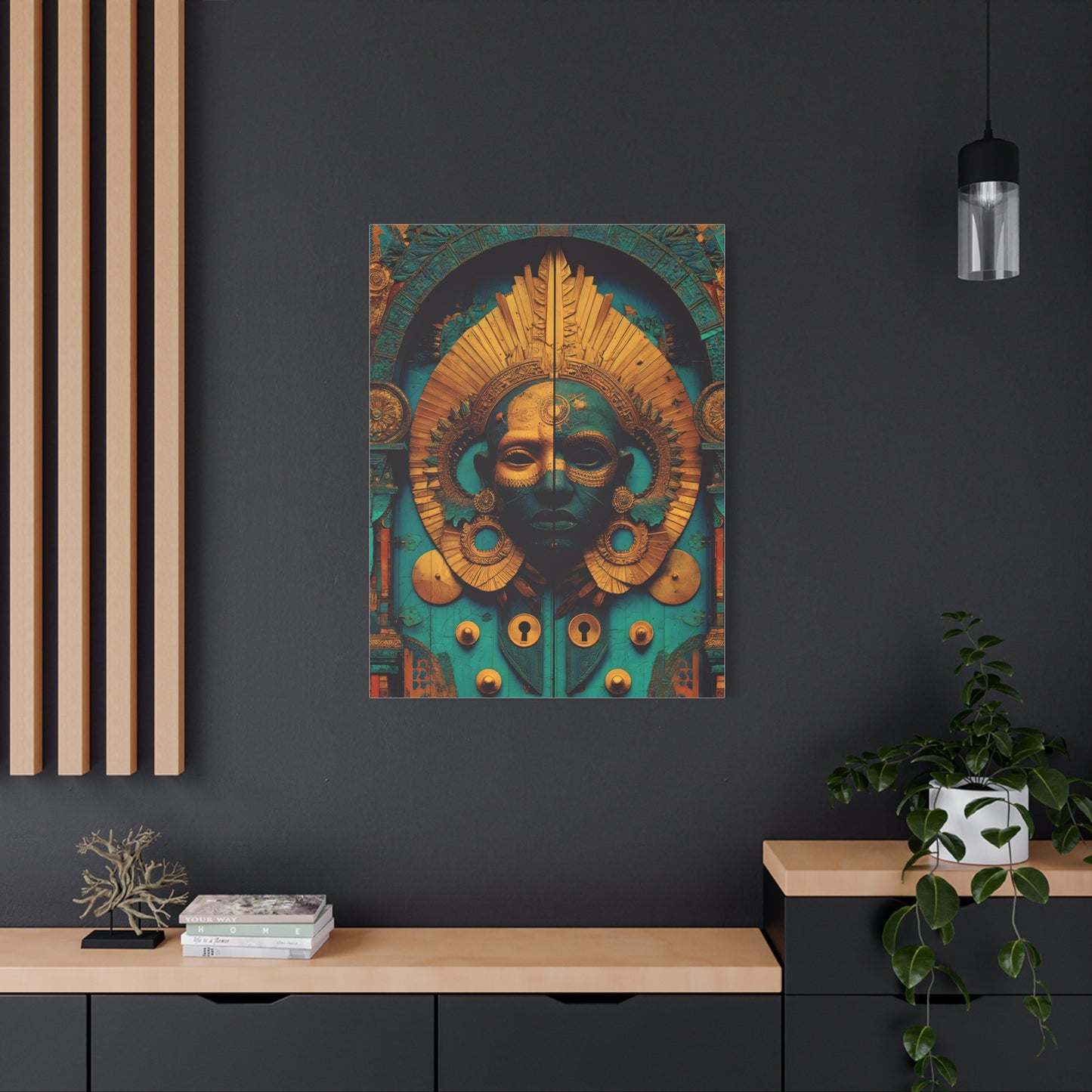 Gold & Teal Tribal Mask Matte Canvas Art — Stretched Wall Decor