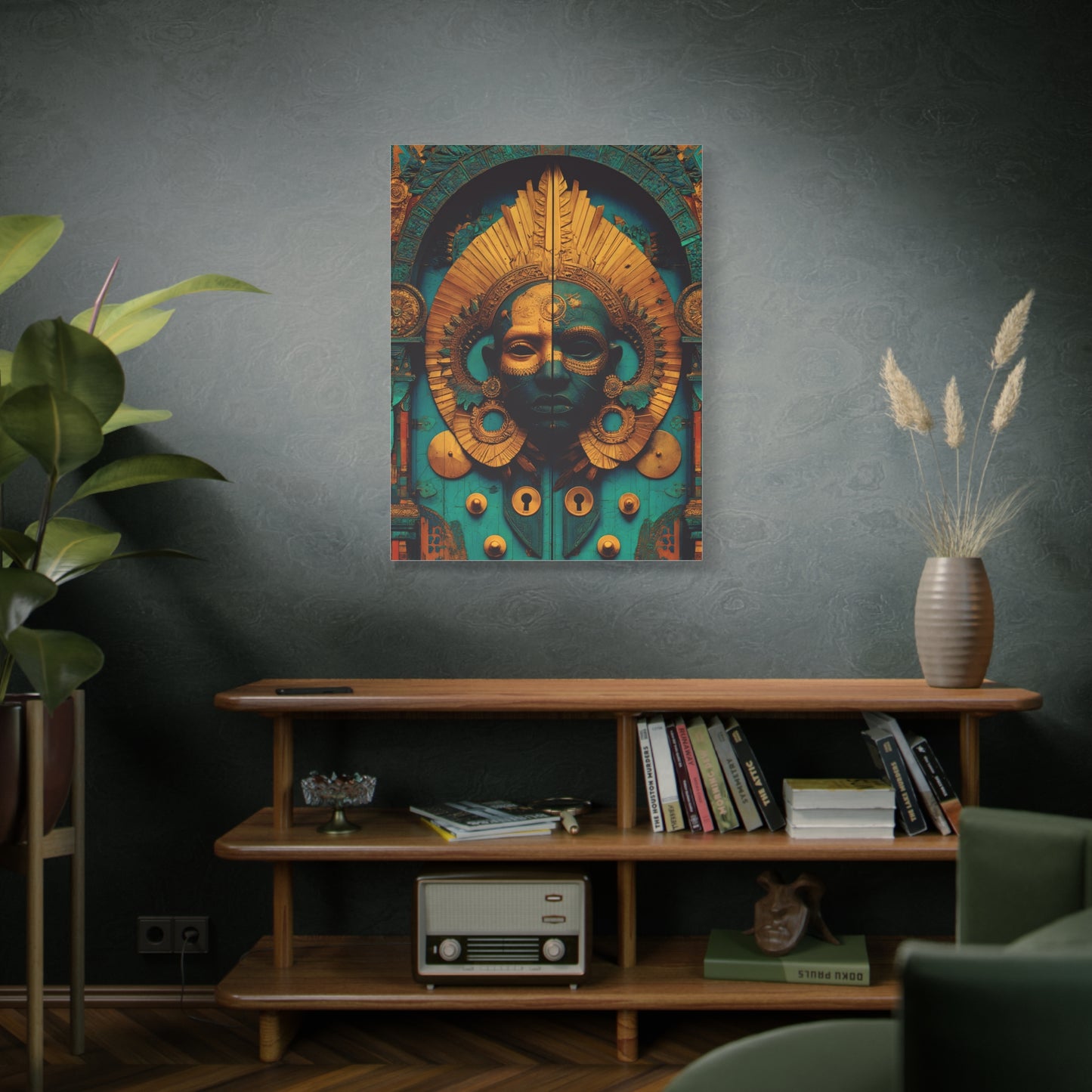 Gold & Teal Tribal Mask Matte Canvas Art — Stretched Wall Decor