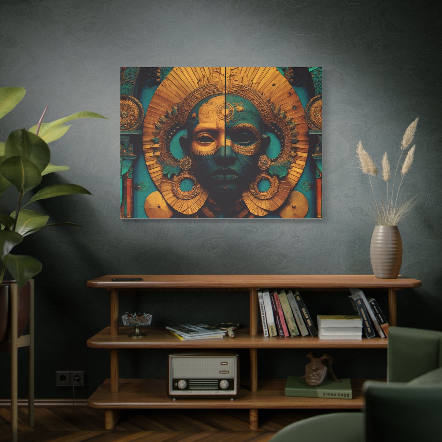 Gold & Teal Tribal Mask Matte Canvas Art — Stretched Wall Decor