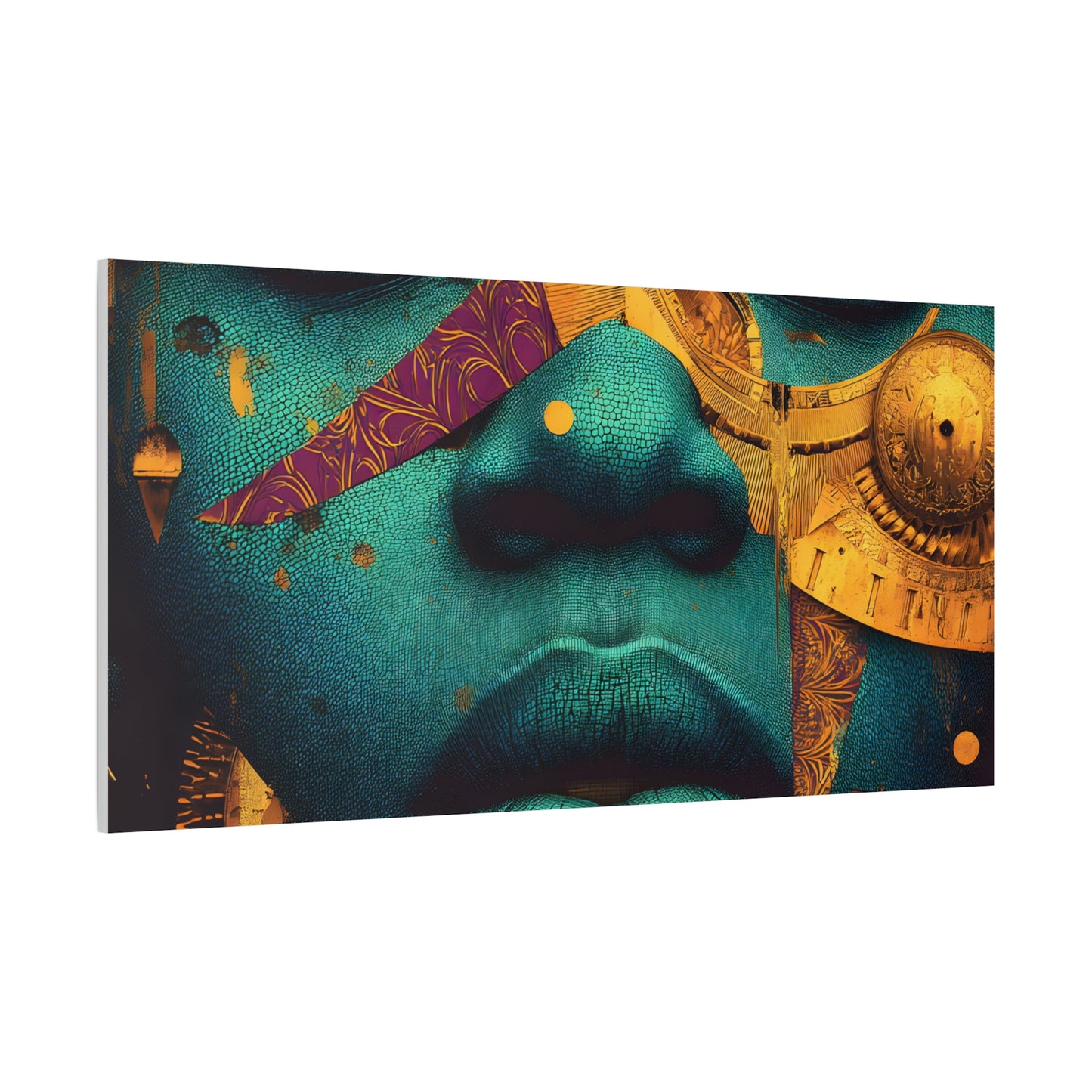 Afro-Futurist Portrait Matte Stretched Canvas — Teal & Gold Face Wall Art