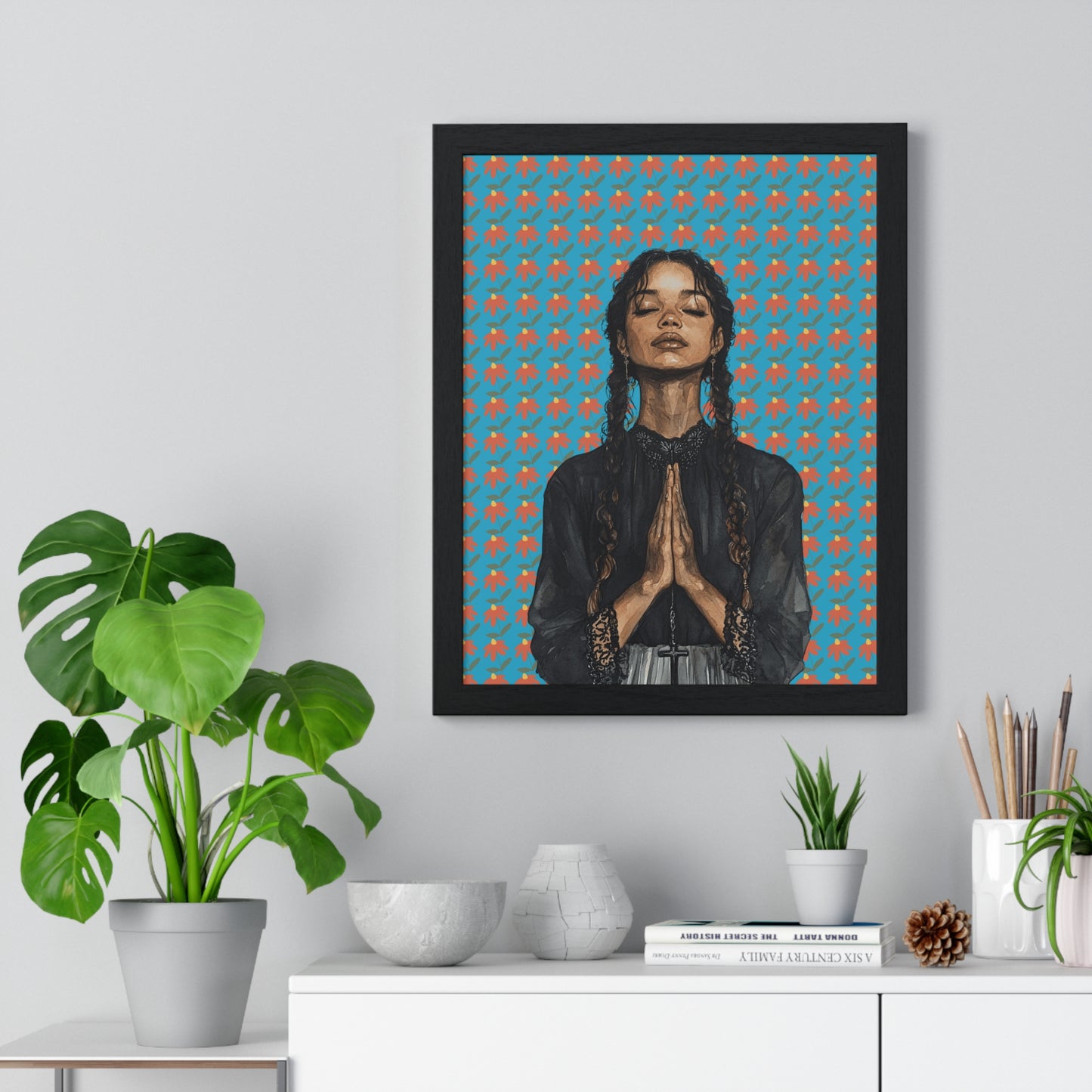 Serene Prayer Vertical Framed Poster, Meditation Art Print, Bohemian Wall Decor, Inspirational Home Decor, Gift for Her