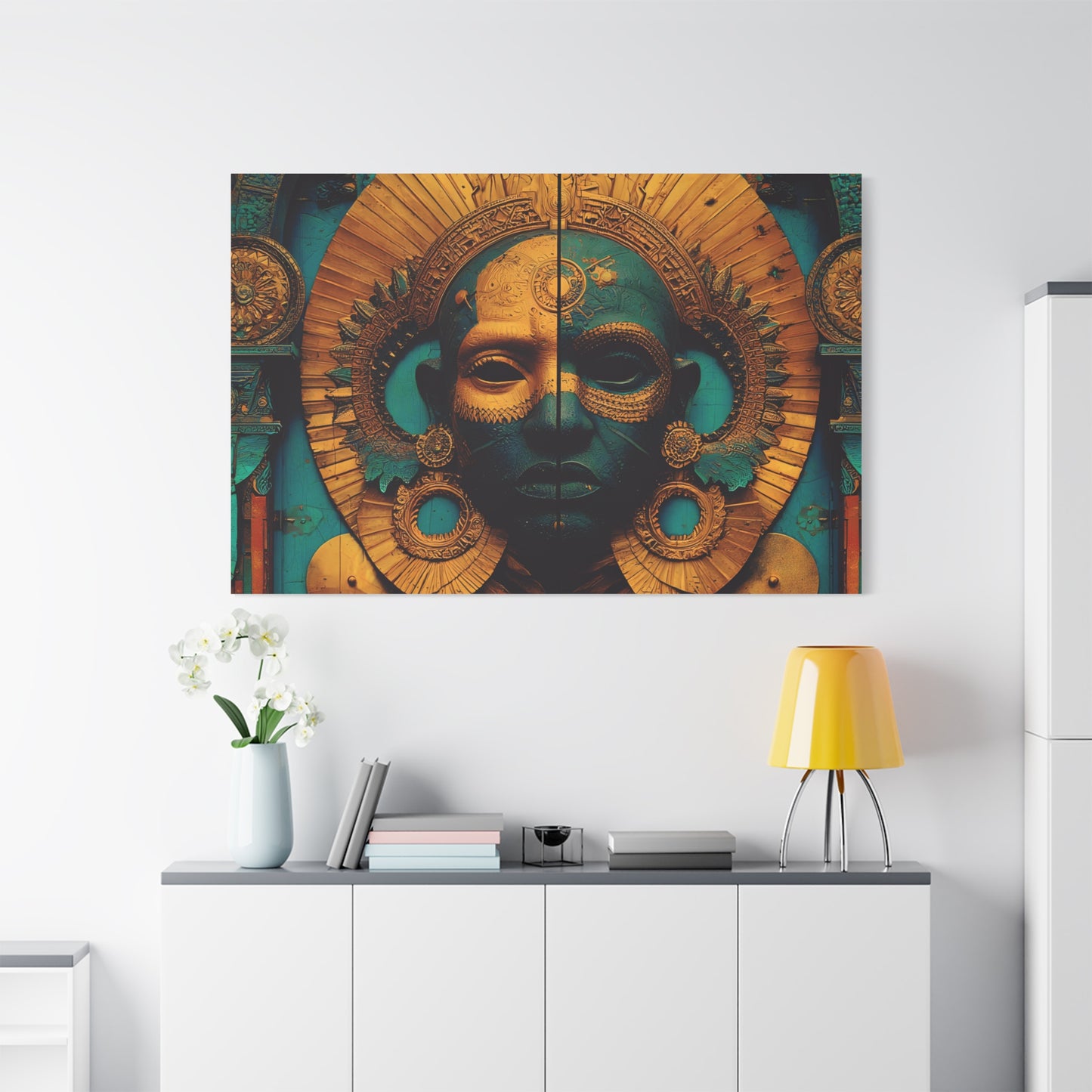 Gold & Teal Tribal Mask Matte Canvas Art — Stretched Wall Decor