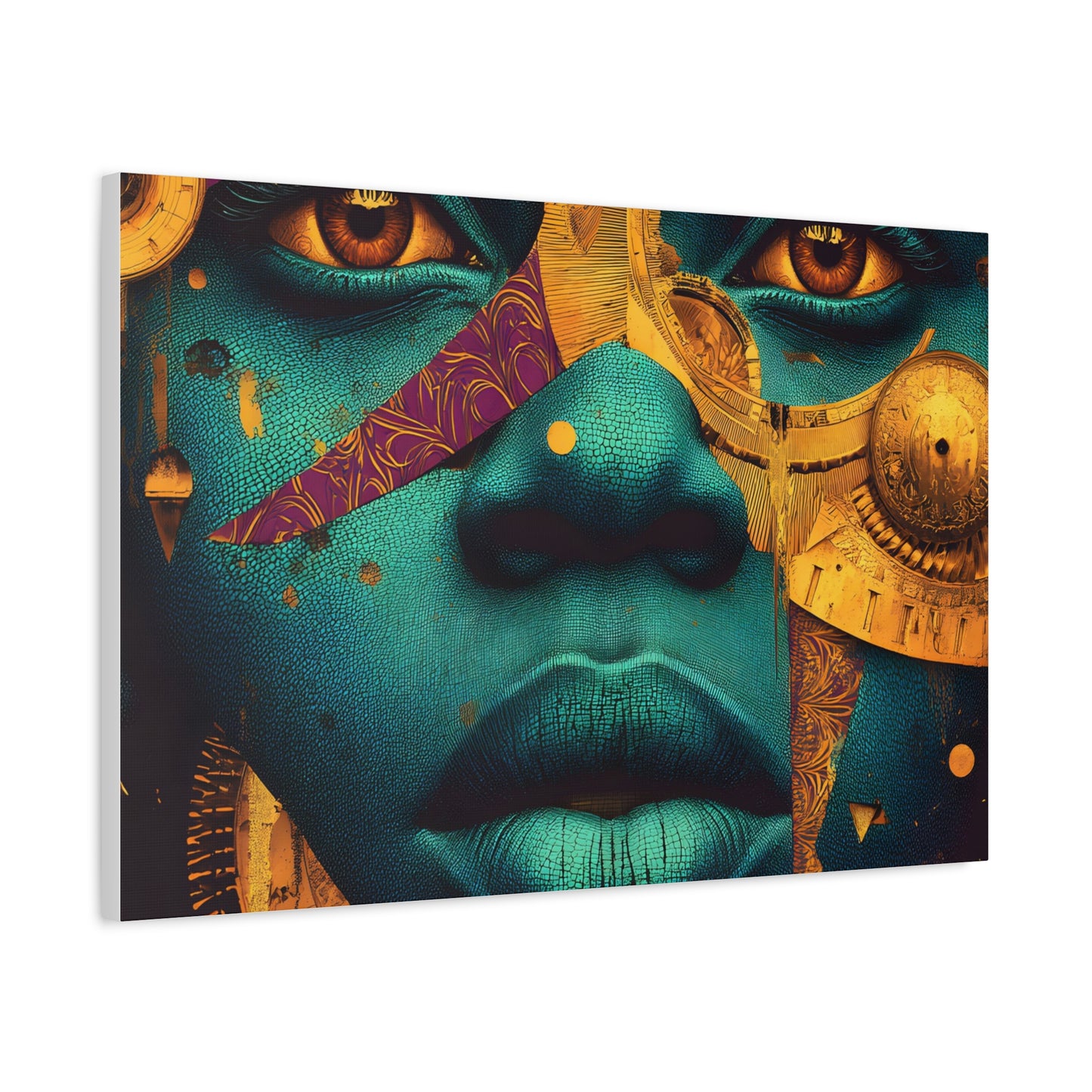 Afro-Futurist Portrait Matte Stretched Canvas — Teal & Gold Face Wall Art