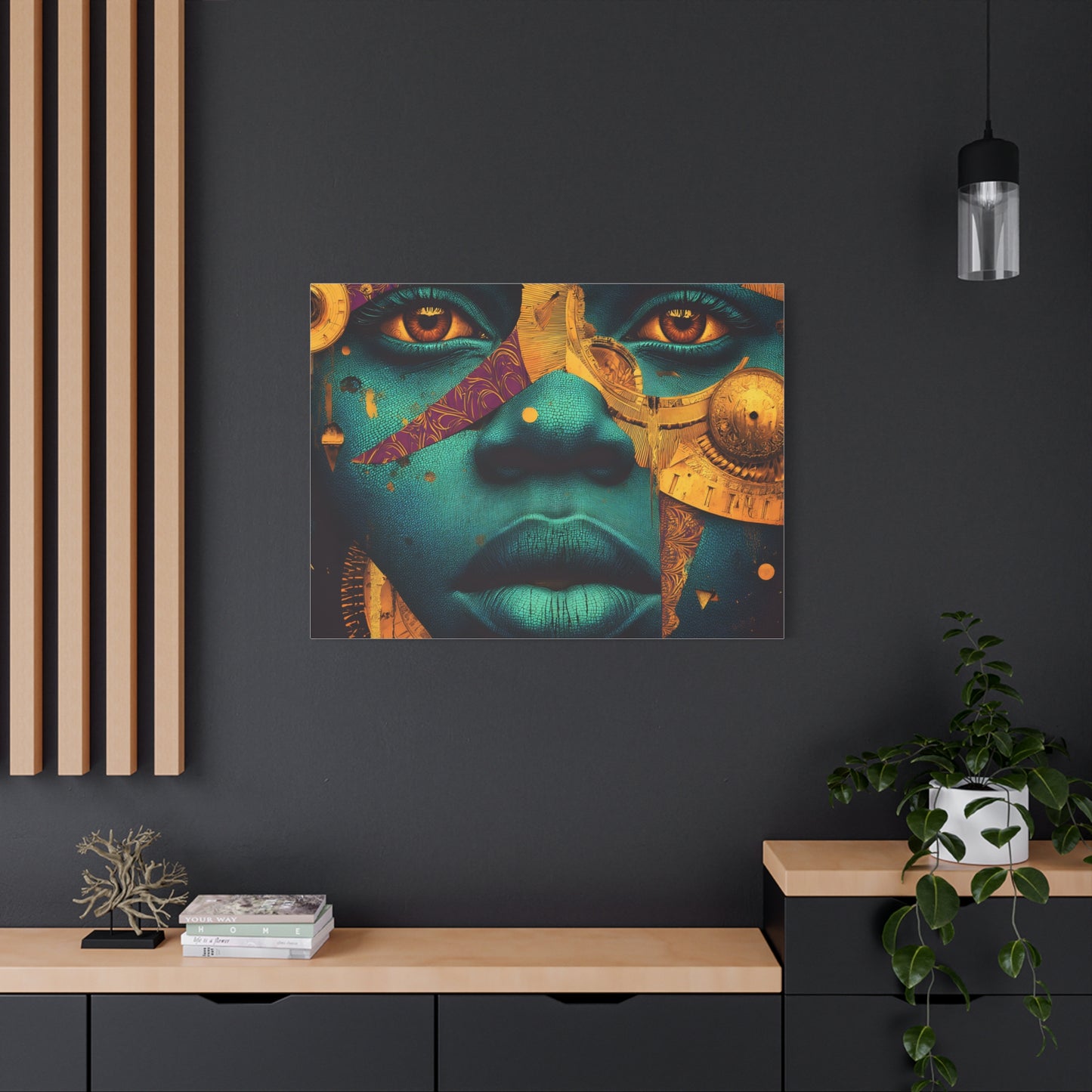 Afro-Futurist Portrait Matte Stretched Canvas — Teal & Gold Face Wall Art