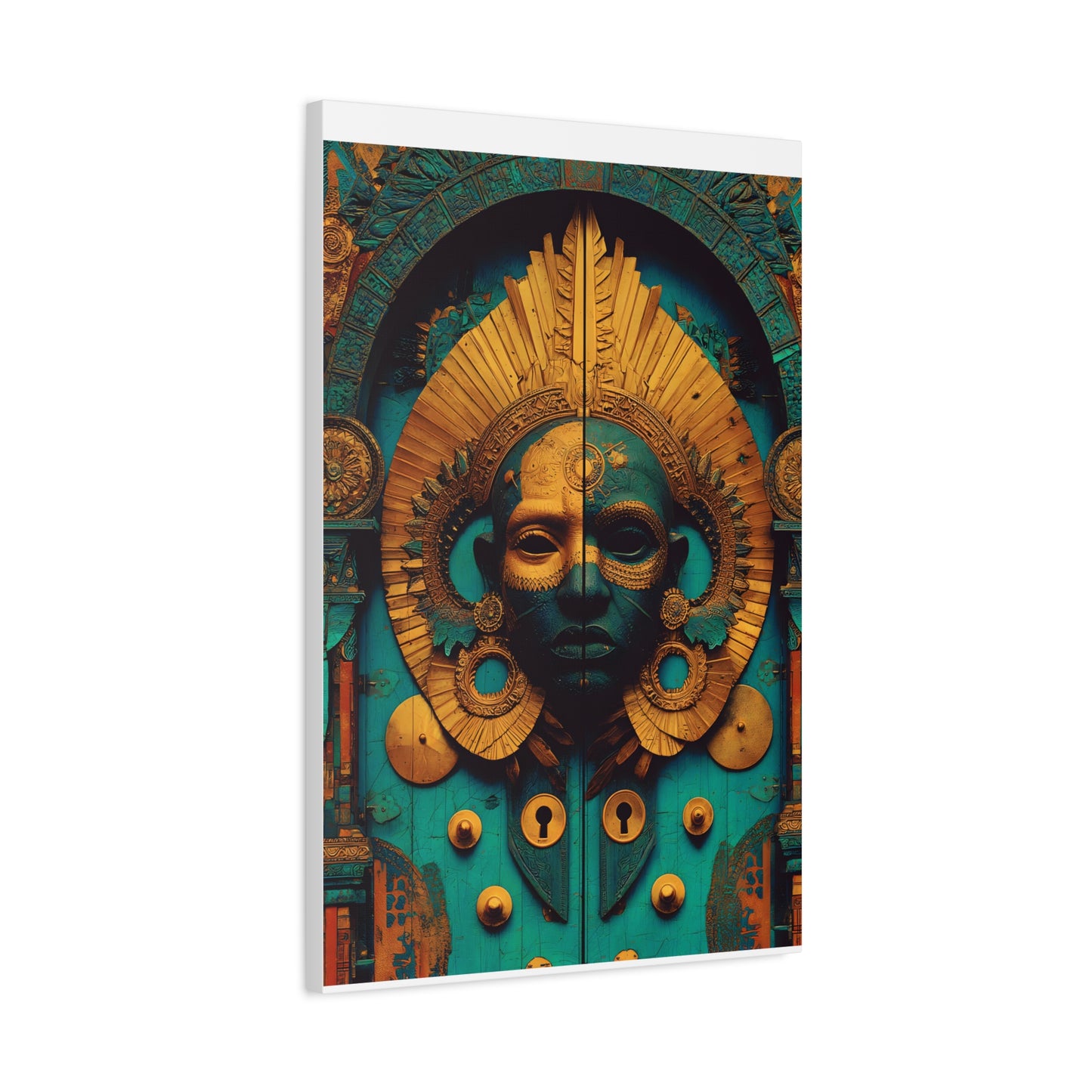 Gold & Teal Tribal Mask Matte Canvas Art — Stretched Wall Decor