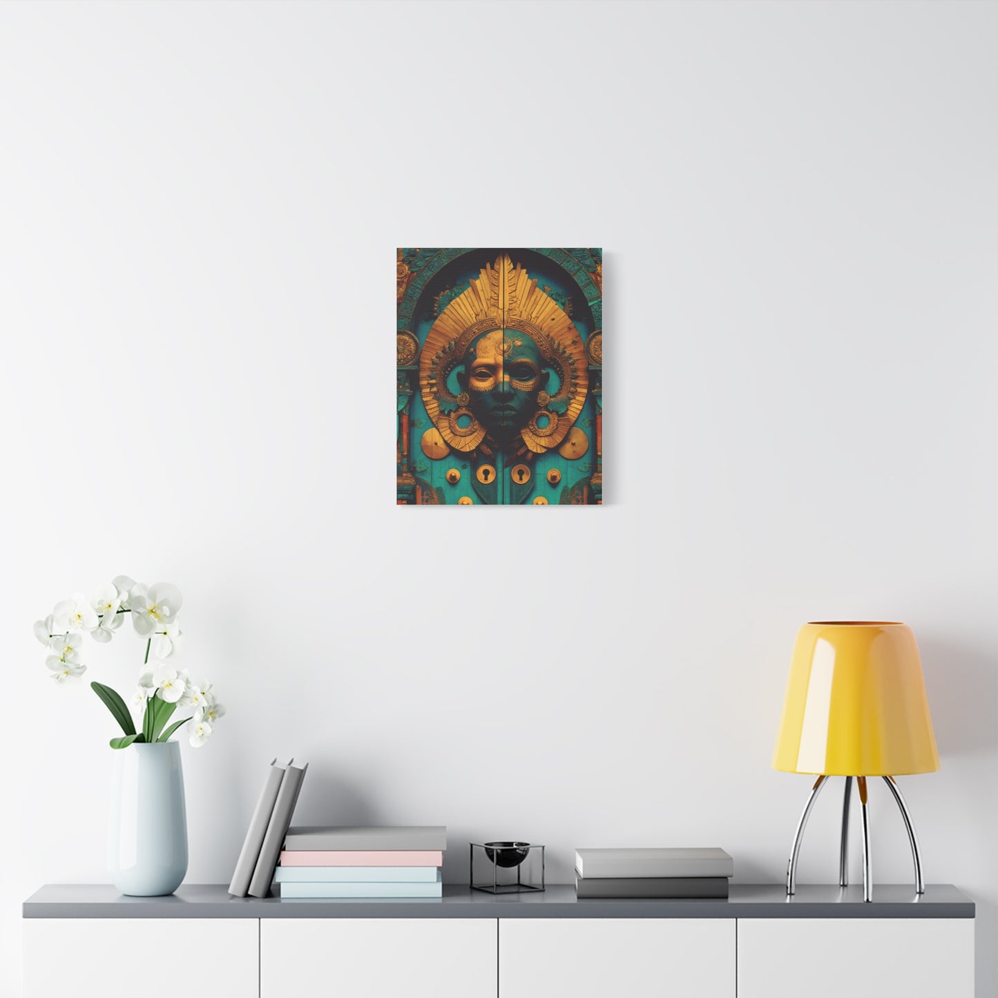 Gold & Teal Tribal Mask Matte Canvas Art — Stretched Wall Decor
