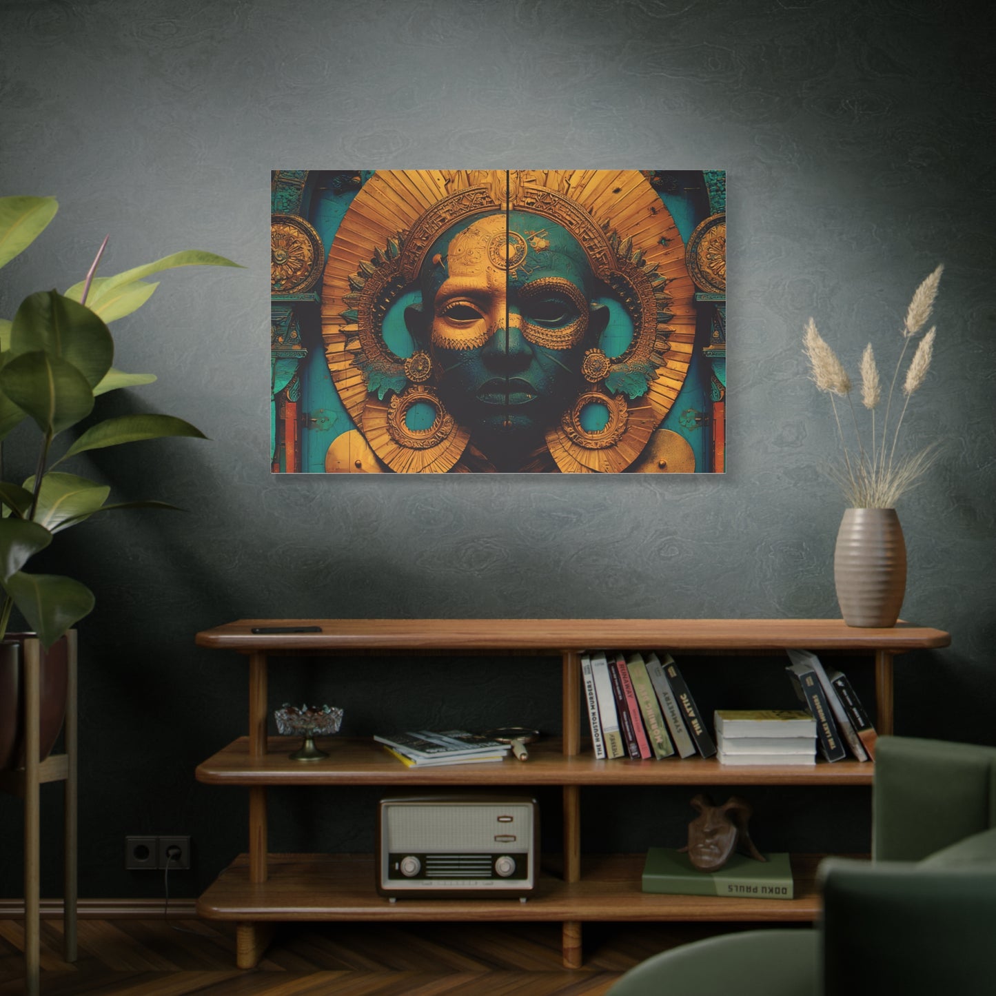 Gold & Teal Tribal Mask Matte Canvas Art — Stretched Wall Decor