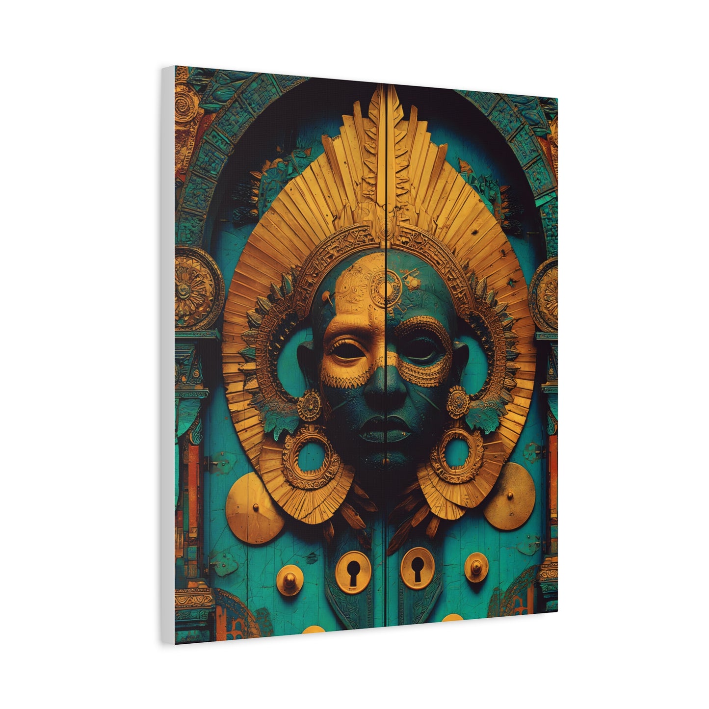 Gold & Teal Tribal Mask Matte Canvas Art — Stretched Wall Decor